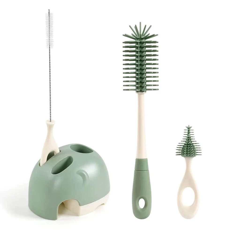 Vicloon Spazzola per Biberon, 3 Pezzi Silicone Pulizia Biberon e Ciuccio con Base per Riporre, Scovolino in Silicone per la Pulizia Tettarella, Cannucce, Verde-Base