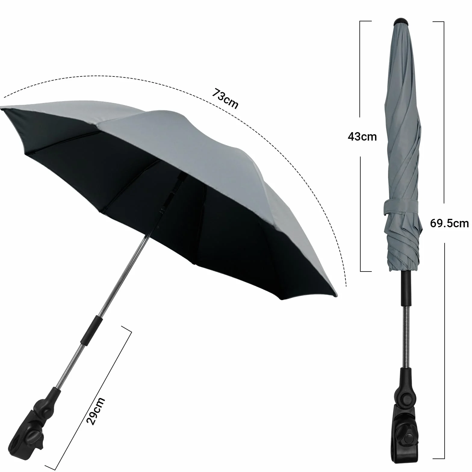 Ombrellino Parasole Passeggino, Ombrellino Passeggino Universale Anti UV 50+, Ombrello Parasole Passeggino con Un Manico, Ombrellone per Passeggino per Carrozzina e Passeggino, Grigio