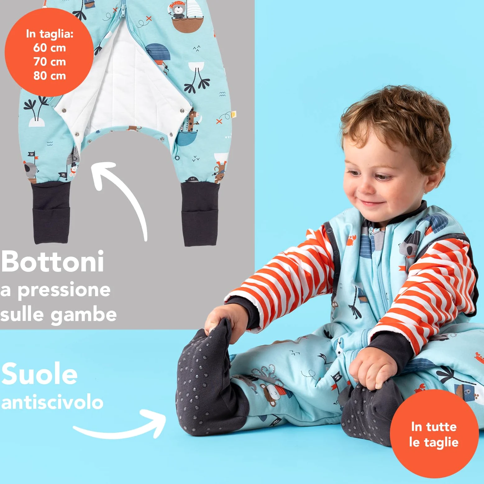 Sacco nanna con aperture per i piedi, per tutto l’anno, 2,5 Tog, unisex con elefanti, disponibile in 5 taglie diverse