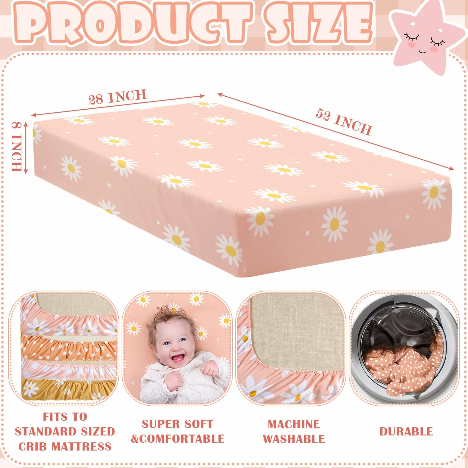 Peryiter Confezione da 4 lenzuola per culla rosa a quadri per bambini, motivo orso blu, lenzuola per culla standard con stampa margherita, per neonati o ragazze (margherita)