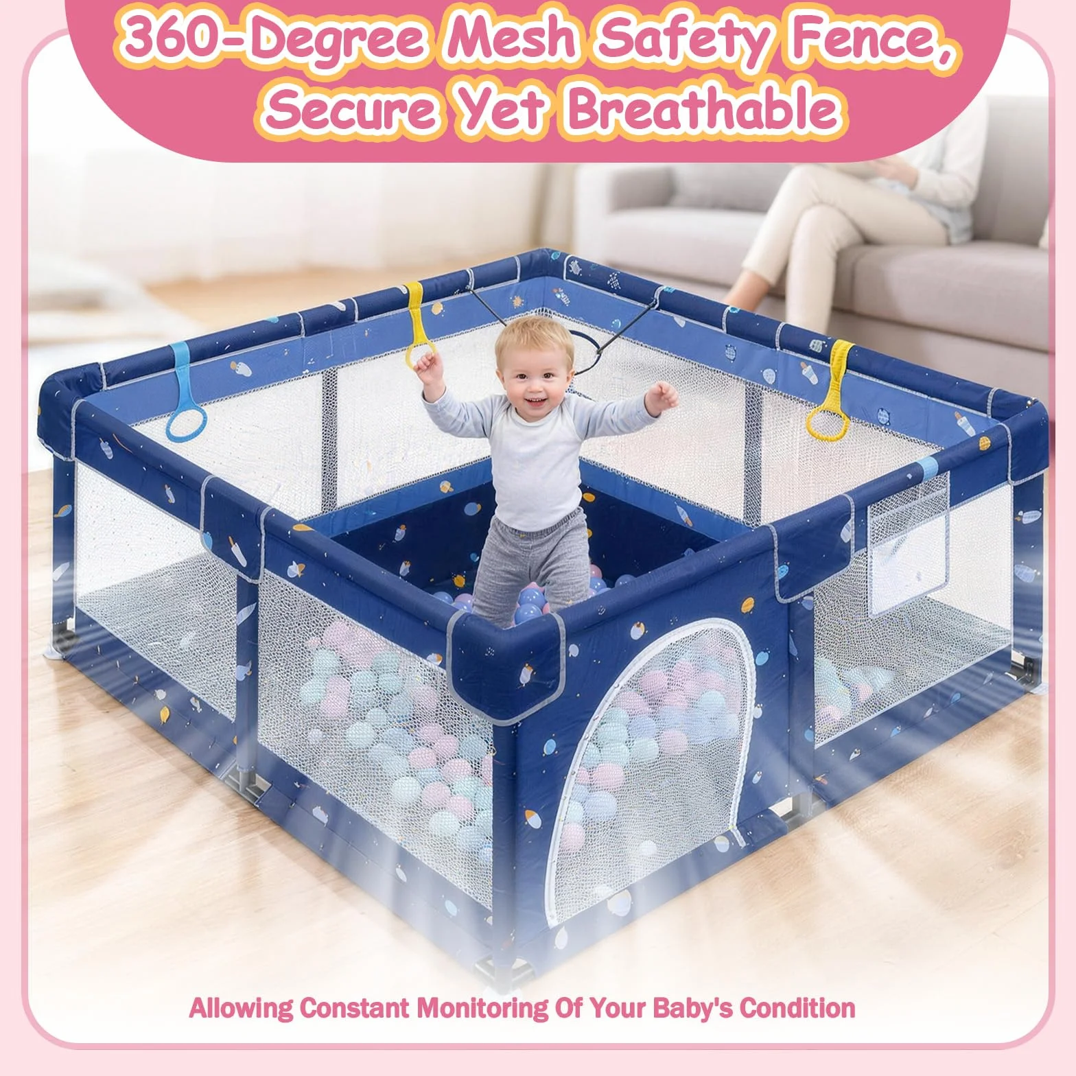 Box per bambini, 130 x 130 x 66 cm, box con anelli di trazione, palline, rete traspirante, fondo antiscivolo, parco giochi di sicurezza per bambini (cartone animato, 130 cm)