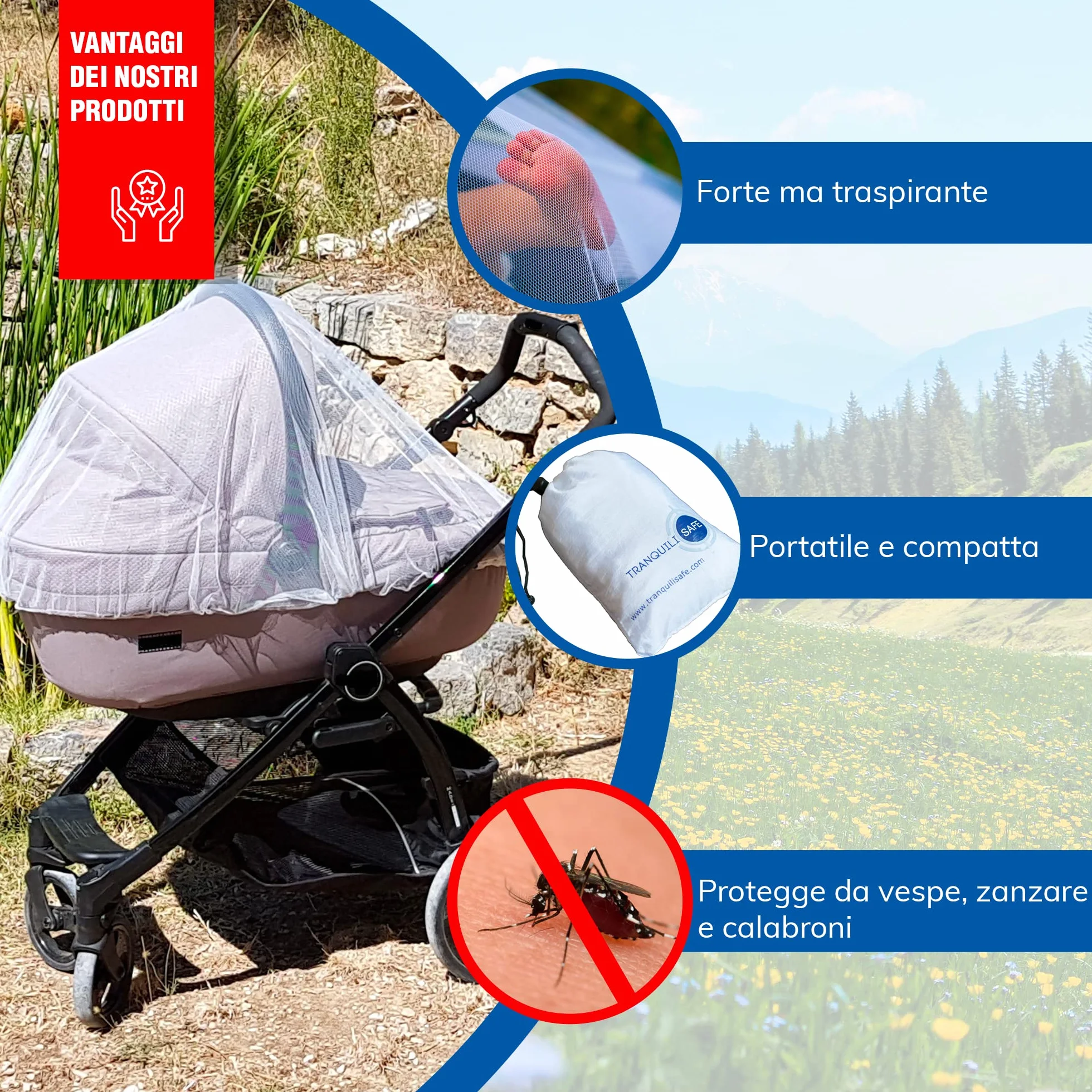 Zanzariera Universale TRANQUILISAFE® - Zanzariera per carrozzina, passegino, culla e lettino neonato di tutte le dimensioni - Protezione Antizanzare e Anti mosche - borsa di stoccaggio GRATUITA