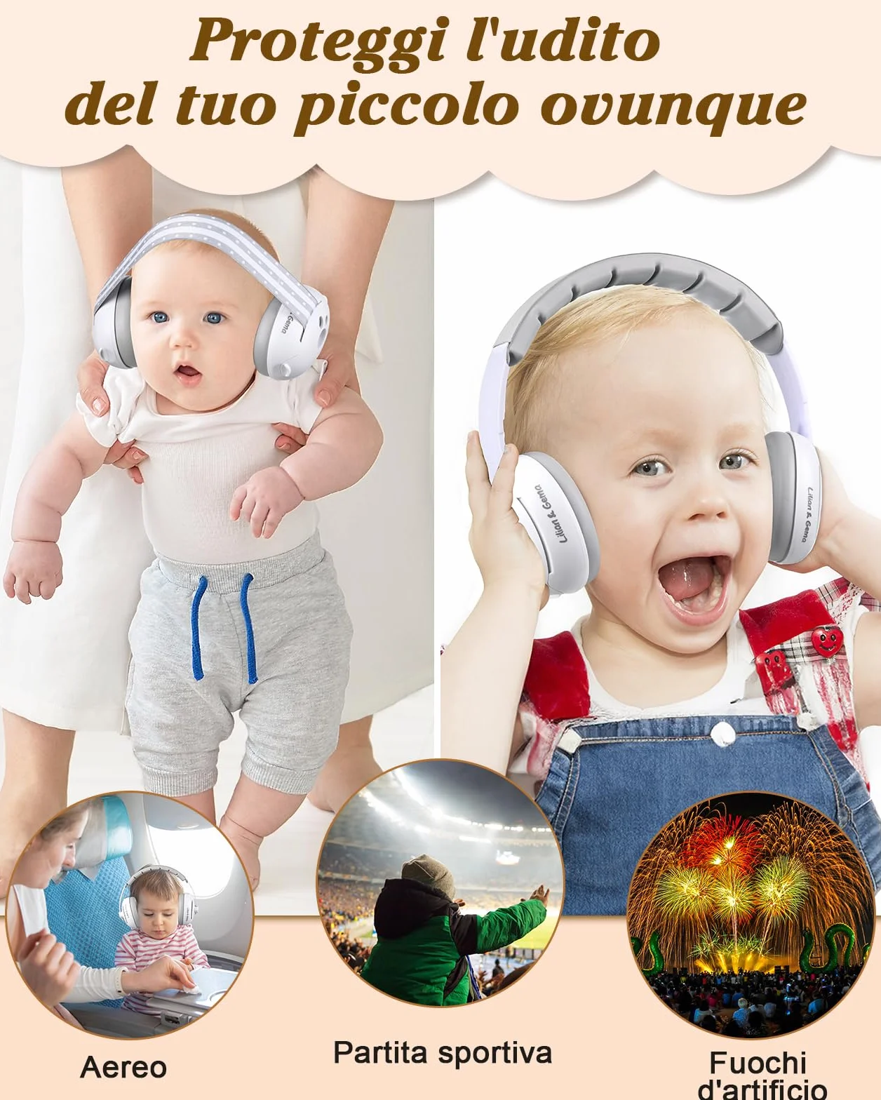 Lilian&Gema 2 in 1 Cuffie Neonato Antirumore -25dB,Protettori acustici per neonati, archetto regolabile, antiscivolo e antistress, protezione acustica ideale per neonati fino a 48 mesi
