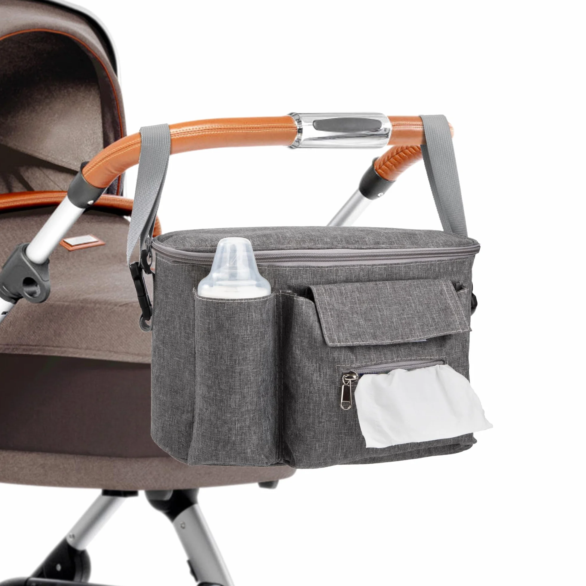 Borsa Organizer per Passeggino Universale con 3 Portabicchieri Borsa Neonato Passeggino con Spallacci Regolabili per Biberon Pannolini Salviette Giocattoli