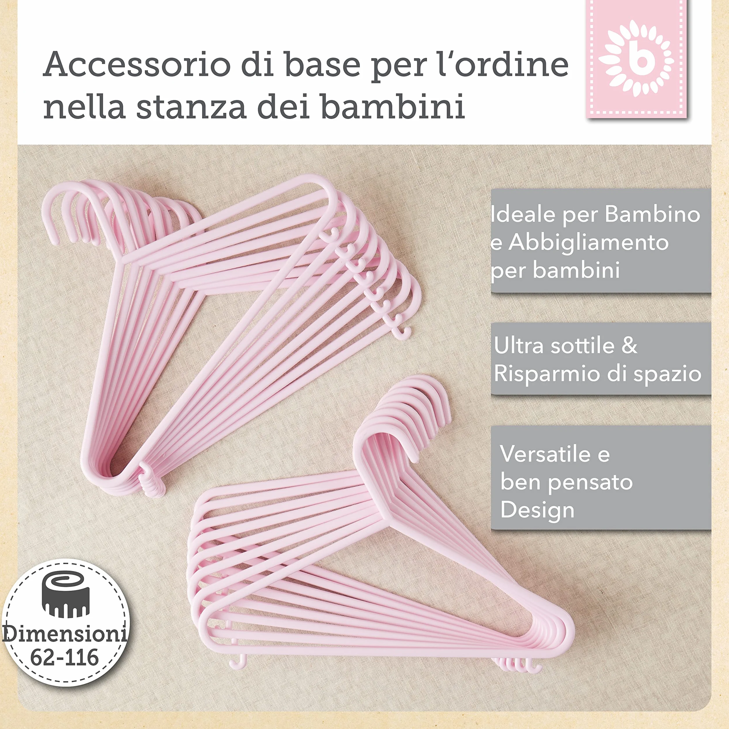 grucce appendiabiti bieco bambino del bambino del bambino gancio ganci di plastica per la conservazione guardaroba lunghezza armadietto 29,5 centimetri, 16 pezzi, colore rosa, piccolo, ARTN 90.016.141