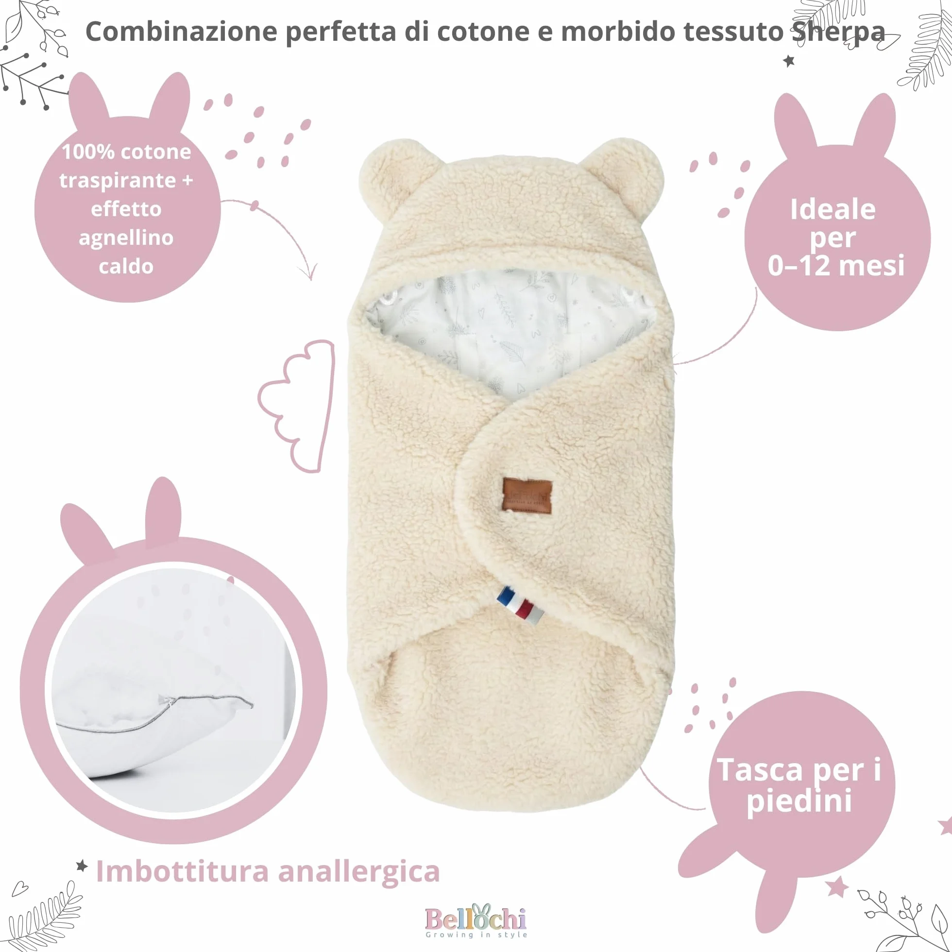Bellochi Coperta per Ovetto e Passeggino, Bianca, 90 x 90 cm, per Seggiolino Auto, Morbida in Cotone Oeko-TEX, Invernale per Bambini
