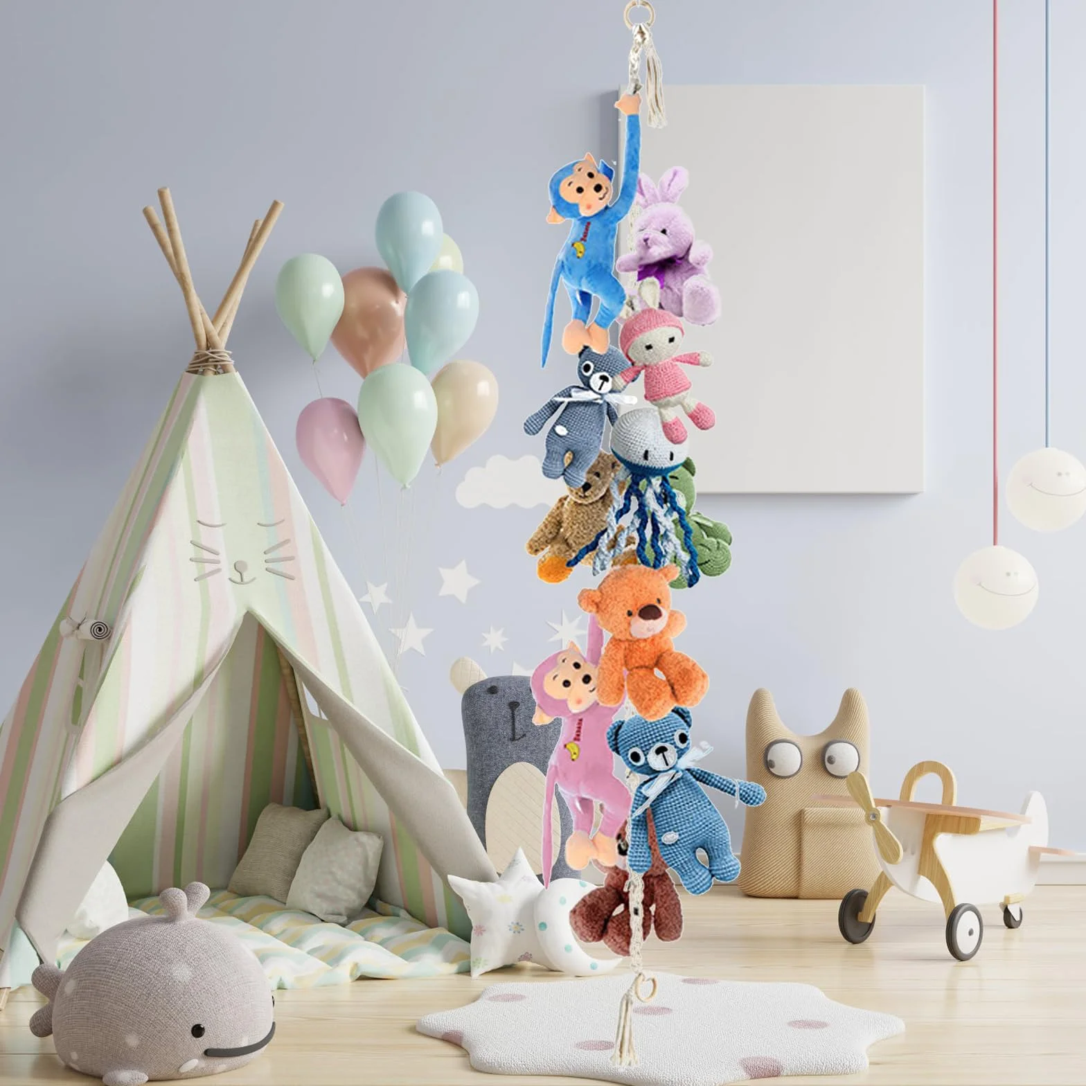 APOMOONS Supporto per Animali di Peluche da Appendere con 20 Mollette in Metallo, Decorazione per La Cameretta dei Bambini, Porta Peluche per Appendere Cappelli, Calze, Biglietti di Natale