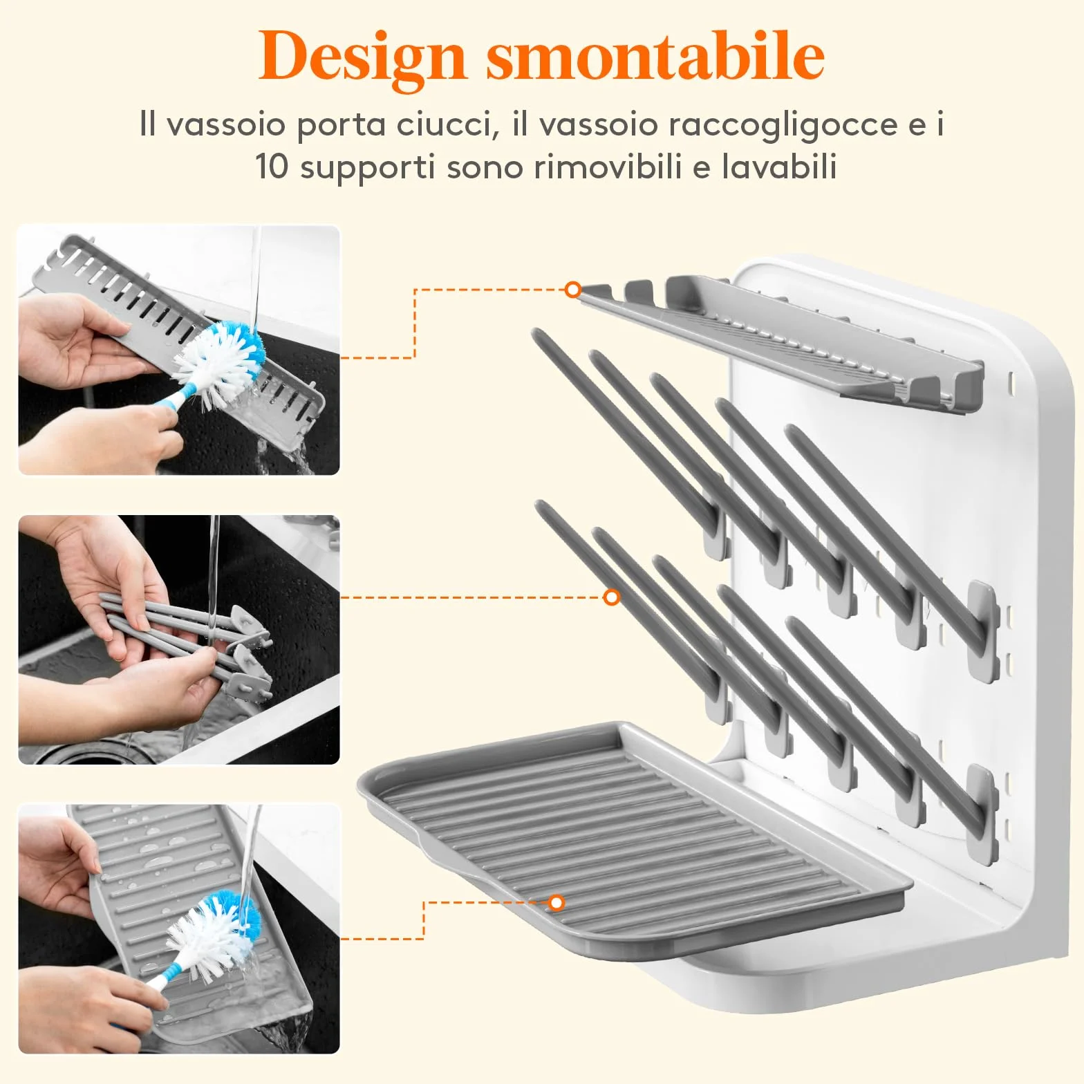 Lifewit Grande Scolabiberon, Scolabiberon Verticale con 10 Ganci e Contenitore per Tettarelle Rimovibile, Adatto a Cannucce a Pressione e Accessori per Tiralatte