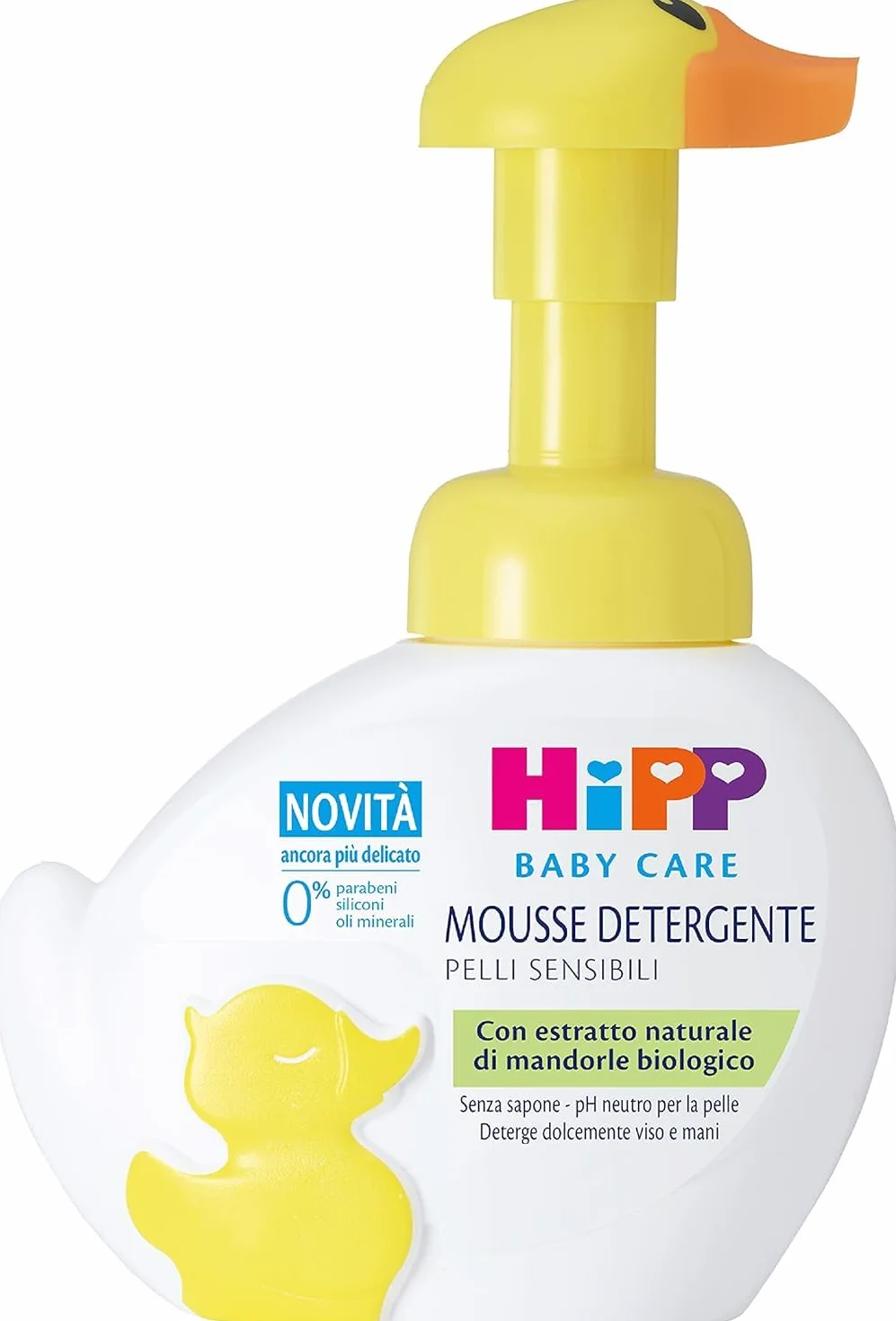HiPP - Baby Care - Mousse Detergente per Bambini a Forma di Simpatica Paperella, Deterge e Idrata Corpo e Mani, per Pelli Sensibili, con Estratto Naturale di Mandorle Bio, 1 Flacone da 250 ml