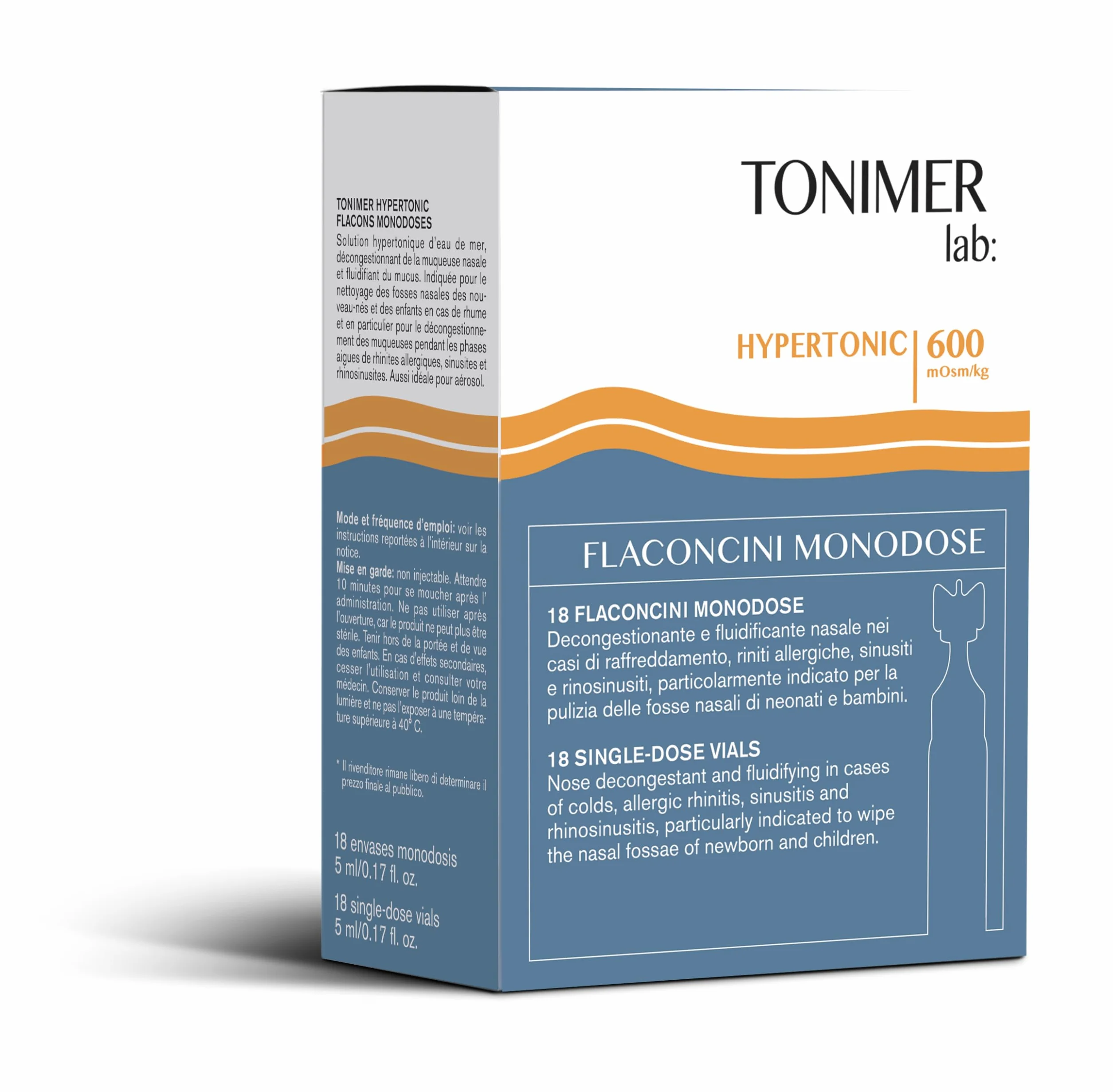 Tonimer Lab Hypertonic – Flaconcini 18 x 5 ml – Soluzione Ipertonica di Acqua di Mare – Decongestionante Mucose in Fasi Acute di Riniti allergiche Sinusiti e Rinosinusiti – Ideale anche per Aerosol