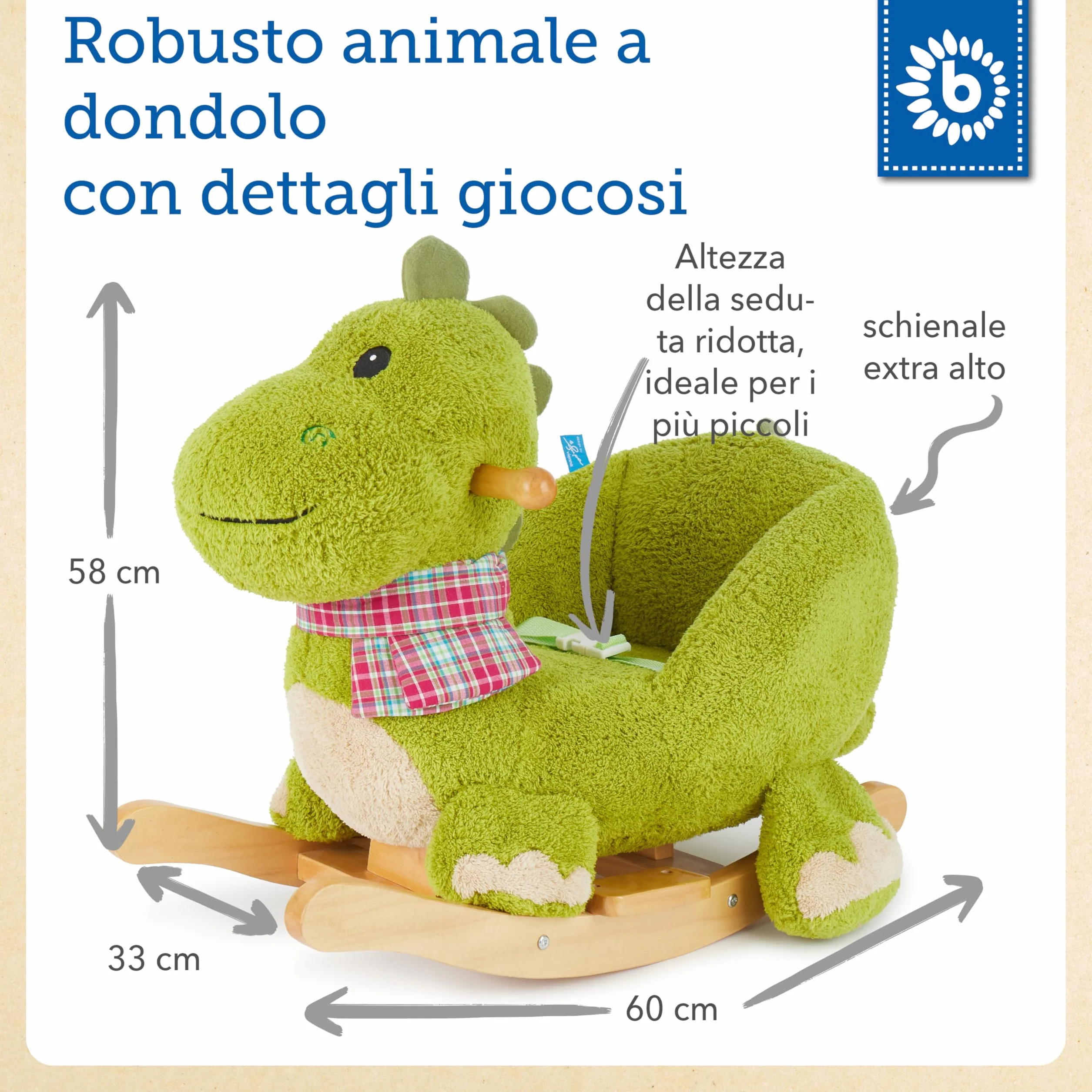 Bieco 74002110 dondolo animale Dino, circa 65 x 32 x 48 cm, verde