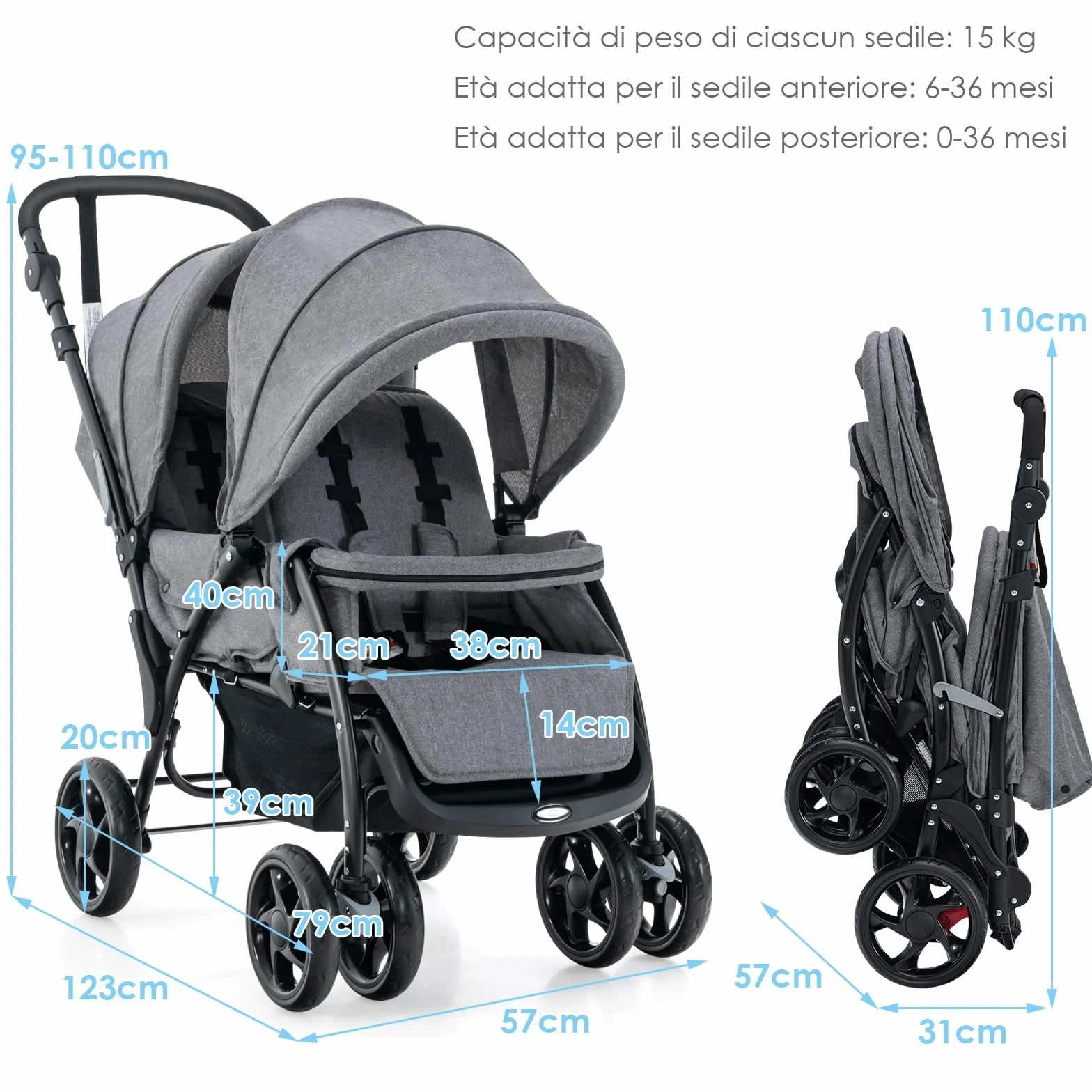 GYMAX Passeggino Gemellare Doppio/Fratelli di Età Diverse, Pieghevole Leggero, Tendalino/Schienale Regolabili, Portata di 15kg+15kg (Grigio, Verticale)
