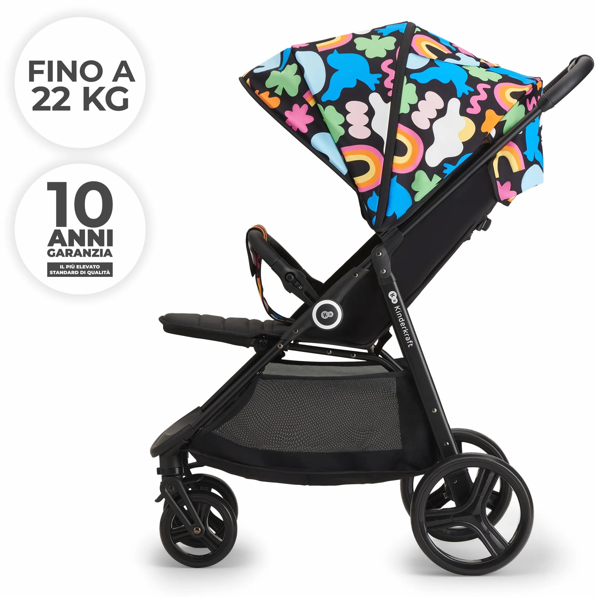 Kinderkraft GRANDE PLUS Passeggino Leggero dalla Nascita fino 22 kg, Pieghevole con una Mano, Posizione Sdraiata, L'ammortizzazione su Tutte le Ruote, Cappottina XL, Happy Shapes