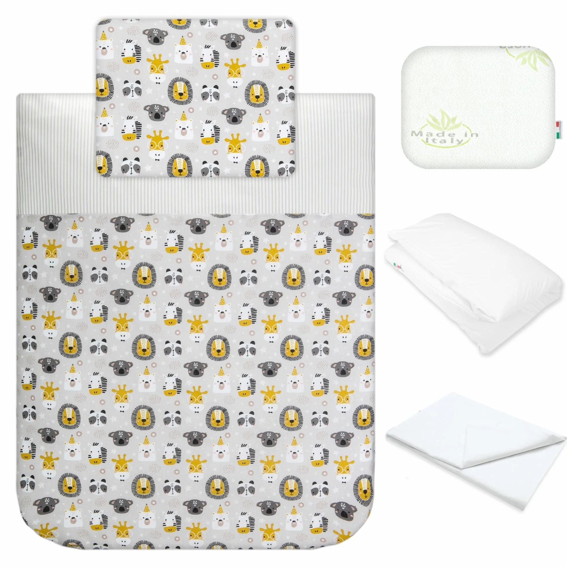 Babysanity Lenzuola Next To Me Compatibili 5 pezzi: Cuscino Neonato Federa Cuscino Piumino Copripiumino Lenzuolo Angoli per Culla Lettino Neonato Chicco Kinderkraft Cam Brevi OEKO-TEX (Lion Friends)