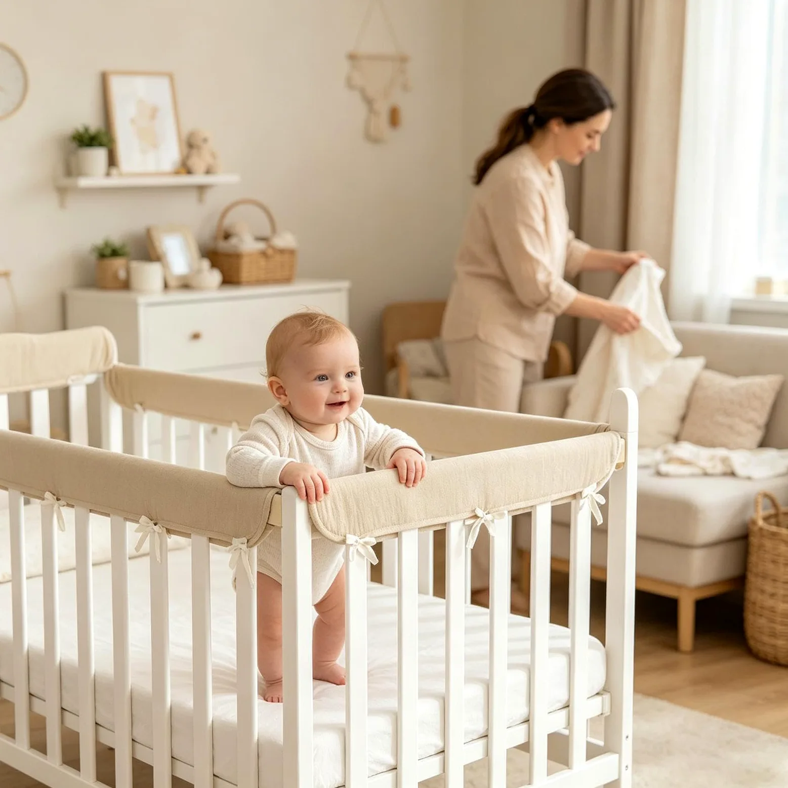 Protezione per dentizione, con cinghie regolabili, in cotone traspirante | Parapetto per lettino per soggiorno, camera dei bambini, stagione calda, guardrail letto
