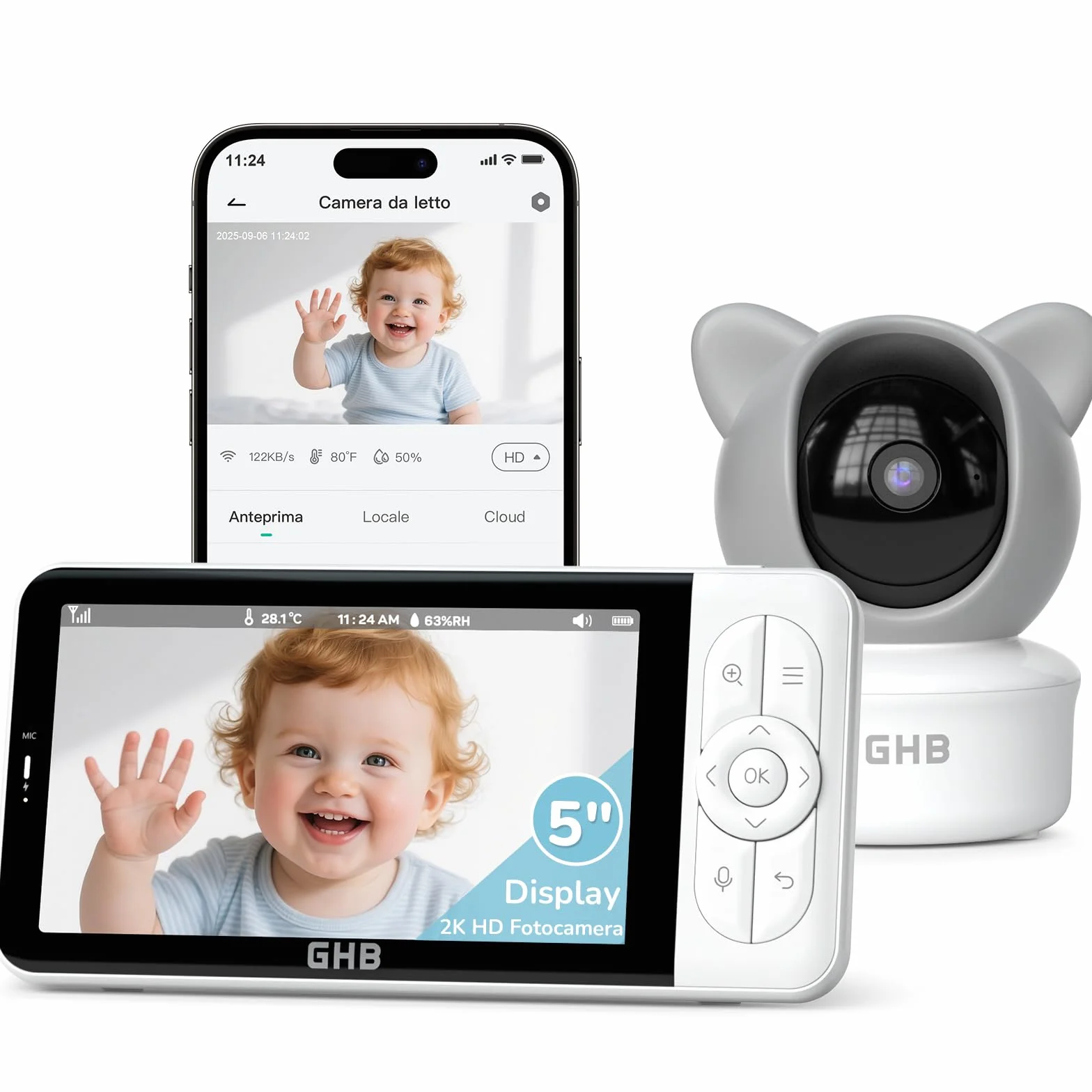 GHB Baby Monitor Video e Audio 5", Telecamera 2K, 350°/65° PTZ, 3000mAh, Controllo Tramite App e Monitor IPS, Rilevamento di Movimento/Pianto/Temperatura, Visione Notturna