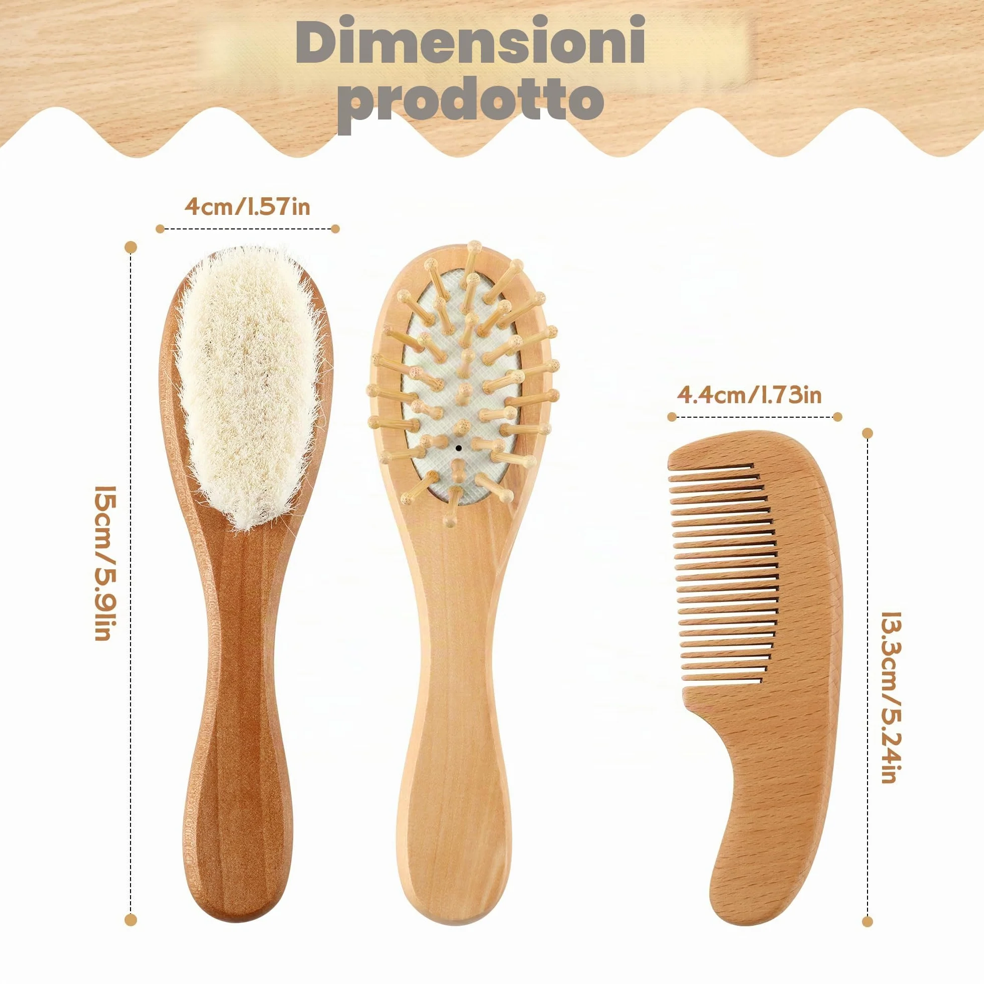 Set di pettini per bambini, in legno naturale, con setole morbide di capra, per neonati, cura del cuoio capelluto, accessori per bambini