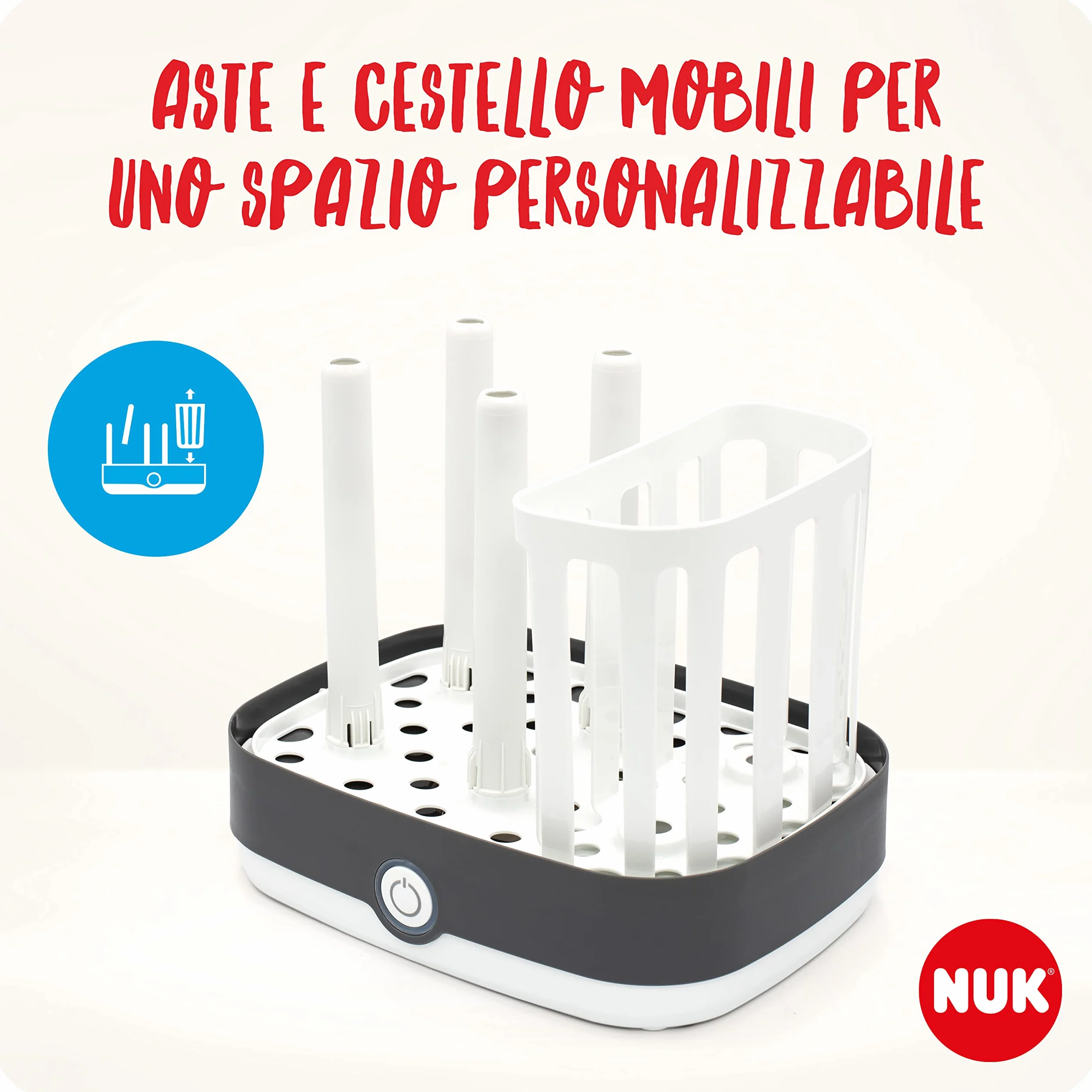 NUK Vario Express sterilizzatore biberon | Sterilizza a vapore fino a 6 biberon e accessori in 6 minuti | Spegnimento automatico | Cestello e astine removibili | Spina europea a 2 poli