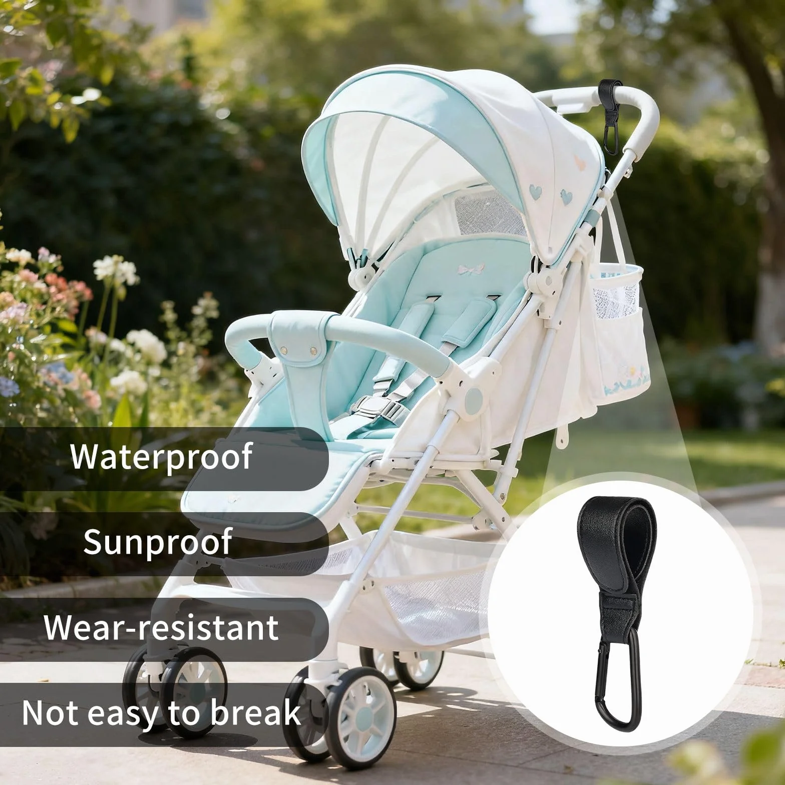 Gancio universale con chiusura in , pelle PU e struttura in alluminio, portata 25 kg per passeggino, sedia a rotelle e bagagli