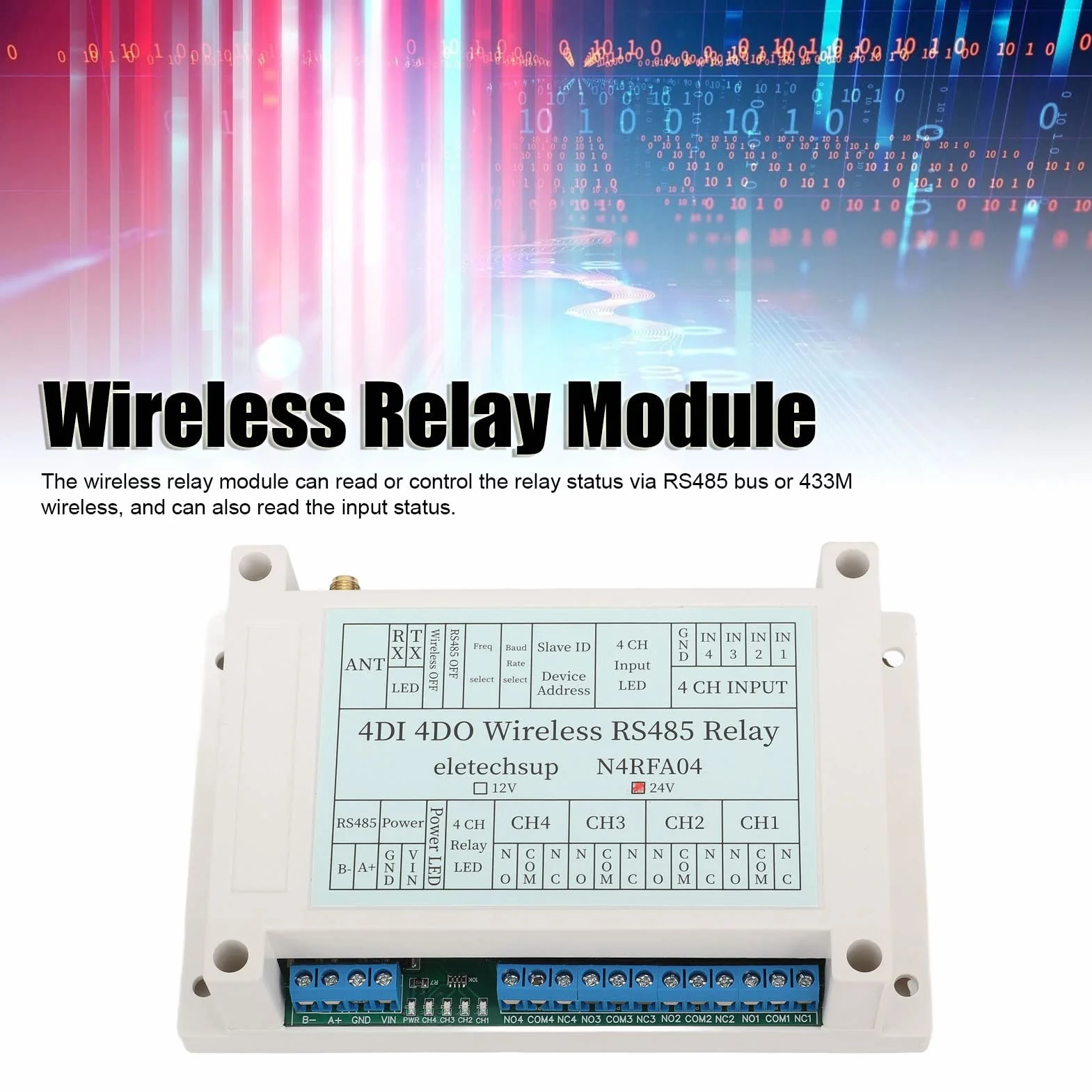 Modulo Relè Wireless con 4 Ingressi/uscite, Ricevitore Trasmettitore RS485,Inclusa - Controlla Facilmente I Tuoi Dispositivi da Remoto(24 V)