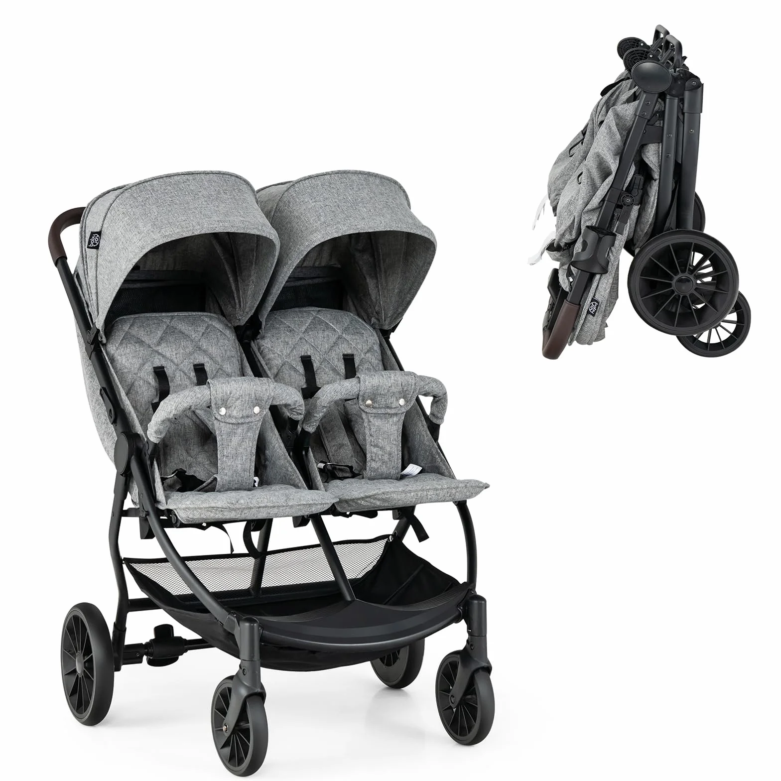 LIFEZEAL Passeggino doppio fianco a costa, Tandem gemelli pieghevole, schienale reclinabile a 3 posizioni, poggiapiedi, imbracatura a 5 punti, carico 15+15 kg, bambino 0-3 anni (grigio chiaro)
