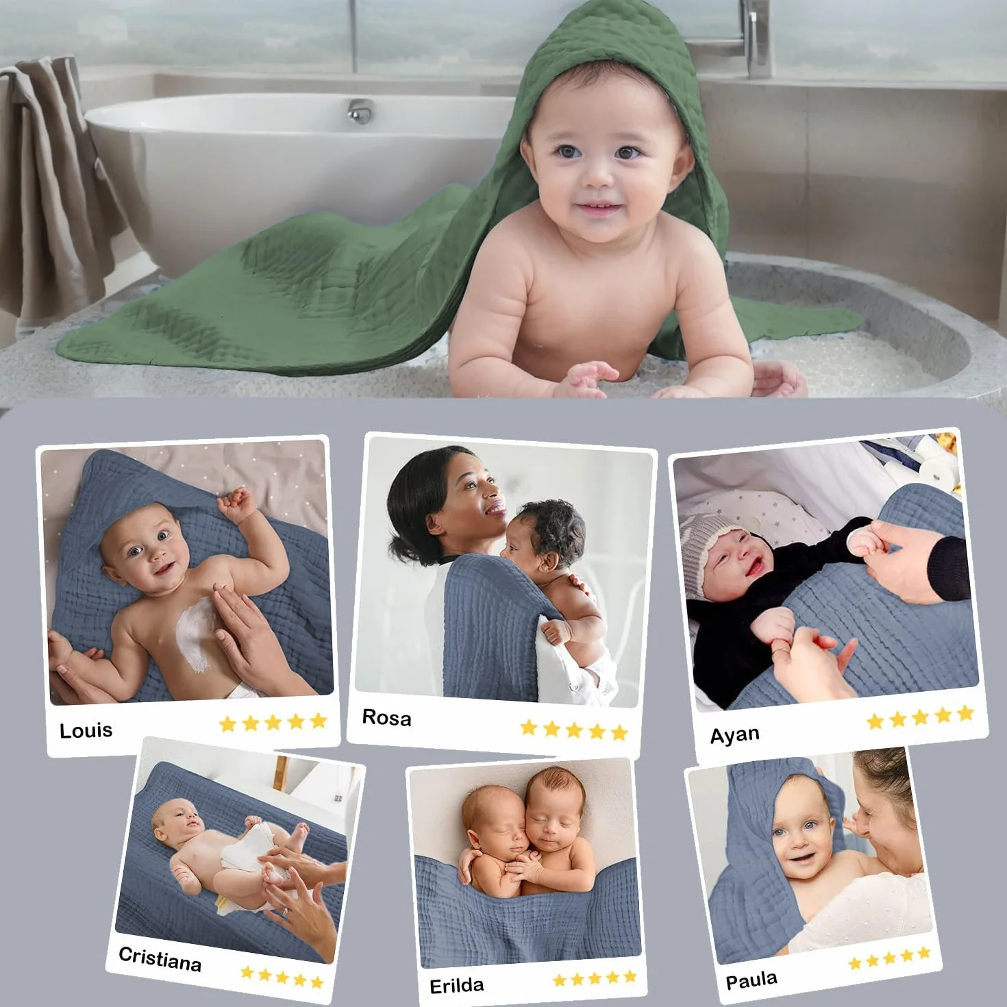Accappatoio Neonato 0-3 Mesi E 6-12 Mesi Con 6 Asciugamano, Quadrotti Cotone E Mussole Cotone, Ideale Regalo Per Femmina E Maschio, 70x70 CM (Blu & Verde & Bianco)