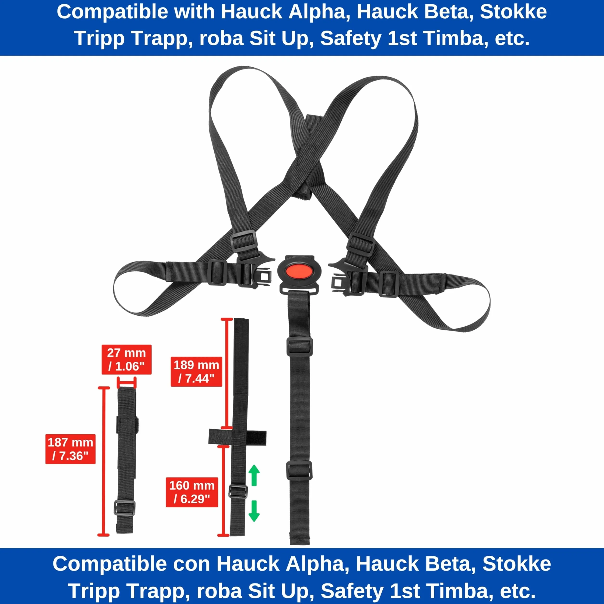 Sistema di imbracatura a 5 punti per seggiolone, 1 set, compatibile con Hauck Alpha Beta, Stokke Tripp Trapp, Roba e molti altri, in nero, con cinghia inguinale