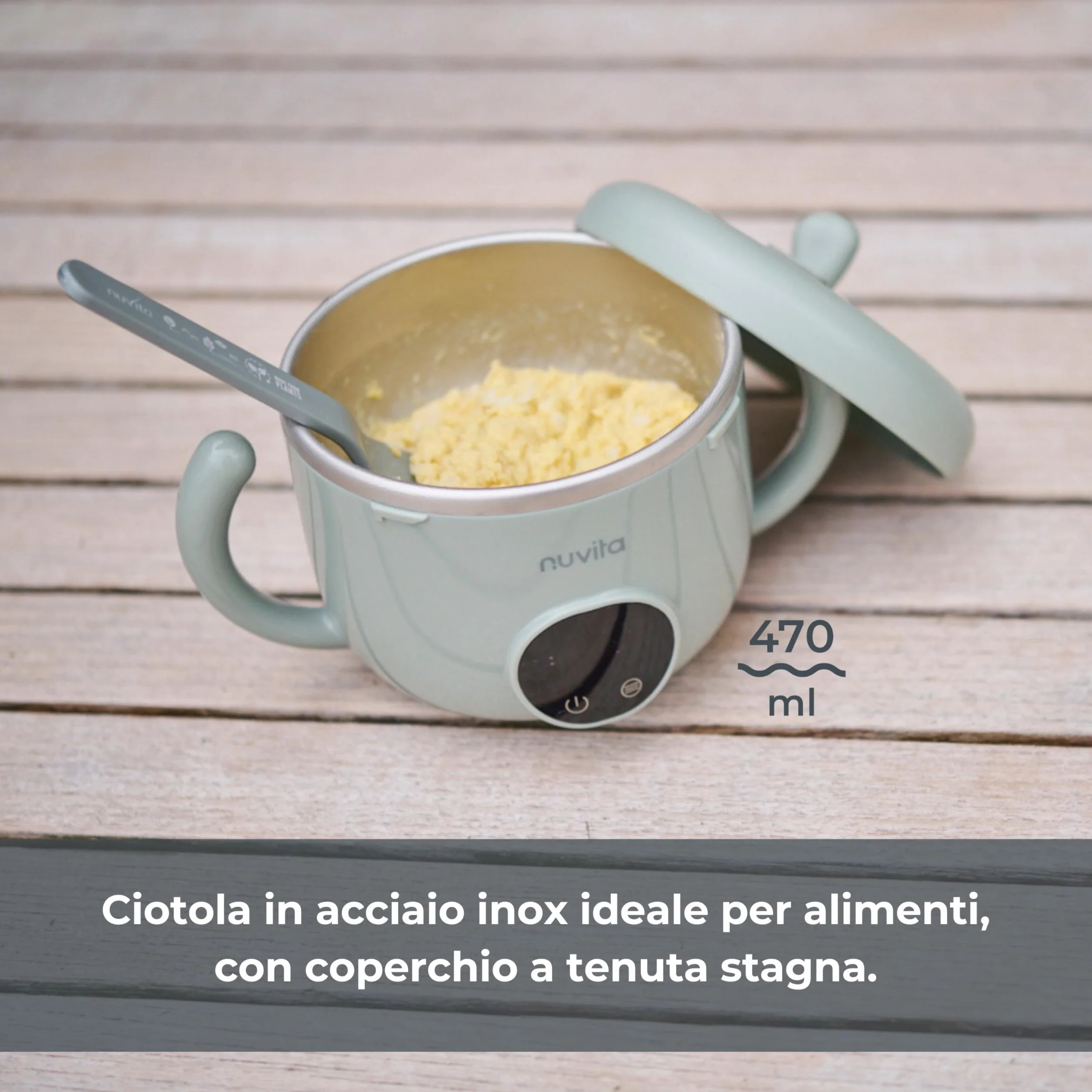 Nuvita 1980 Pappa'n'Go Scaldavivande Portatile per Bambini – Ricaricabile, Impermeabile, con Controllo Intelligente della Temperatura, Interno in Acciaio Inossidabile e Base Antiscivolo