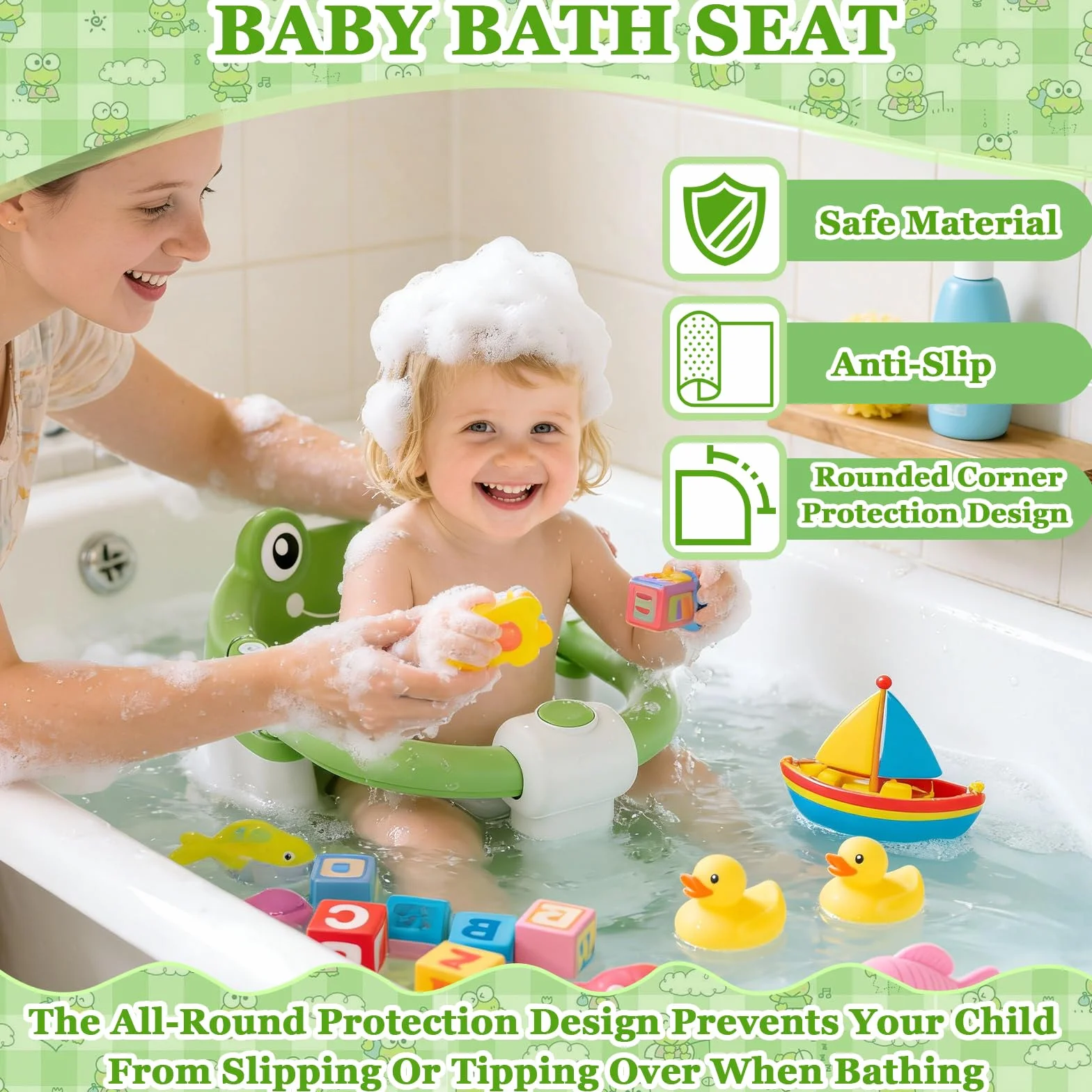 Seggiolino Doccia Bimbo,Bambino Seggiolino da Bagno,Seggiolino Vasca da Bagno Bambino,Seggiolino da Bagno con 4 Ventose,per Bambini a Partire da 6 Mesi per Doccia o Vasca da Bagno - Verde