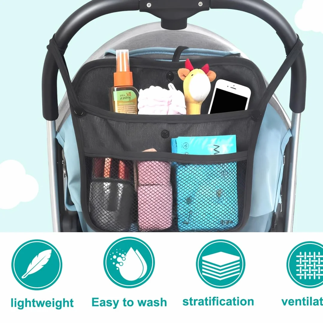 Organizer Universale per Passeggino Borsa Multiuso per Carrozzina Rete Portaoggetti per Passeggini Borsa per Spesa Organizer per Carrozzina (33 x 30 cm, Nero)