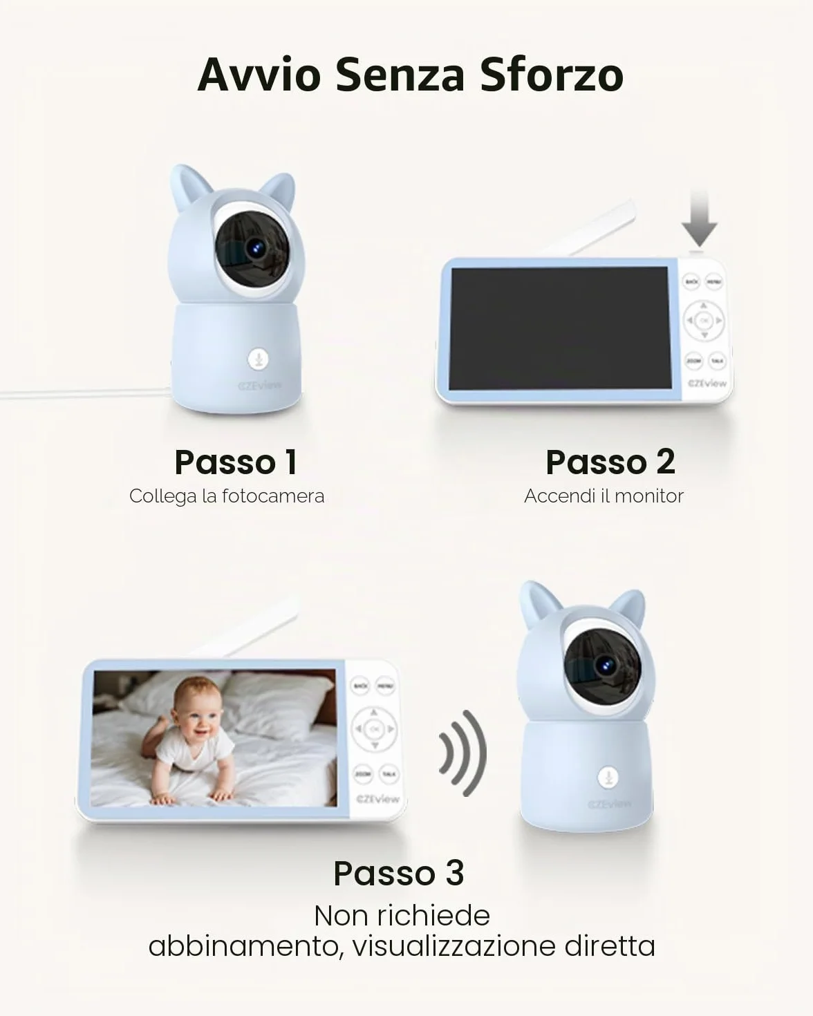 CZEview 5,5" 2.5K Baby Monitor Video e Audio, Luce Notturna & Musica, Telecamera Bambini, Controllo Tramite APP Mobile & Monitor (Blu)