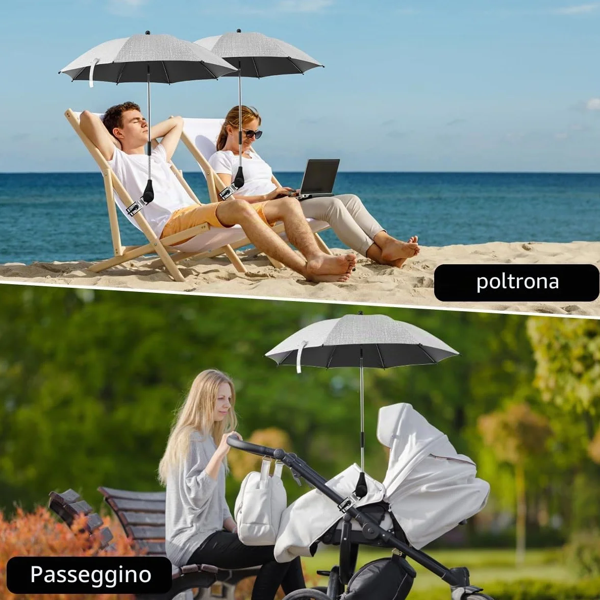 Ombrello Passeggino Universale Anti UV 50+, Ombrellone Passeggino Universale con Morsetto Regolabile e Braccio Regolabile, Ombrello Passeggino Comfort per Esterni Spiaggia Giardino