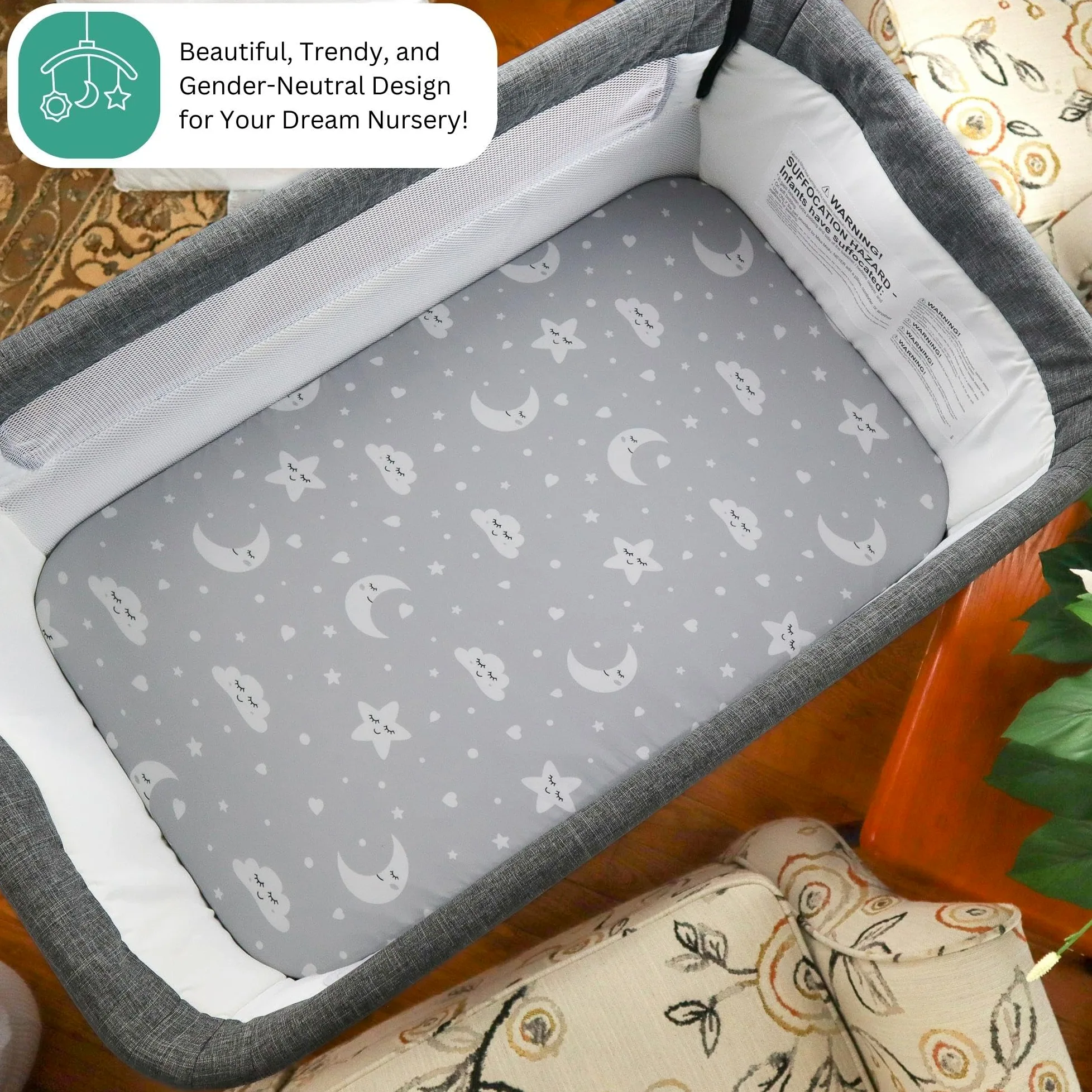 TansyPanda - Lenzuola per culla per Cloud Baby, Yacul, Dream On Me Traveler, Skylar, BabyBond, Simmons, 3 pezzi, 83,8 x 50,8 cm, ultra morbide, traspiranti, aderenti, unisex, grigio bianco (luna,