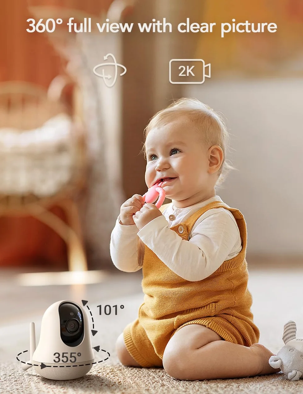 nooie 2K Baby Monitor Video e Audio, 5GHz Telecamera Bambini, Visione notturna, Audio Bidirezionale, Riconoscimento dei Pianti/Suoni e Temperatura, Tracciamento AI del Movimento, Funziona con Alexa