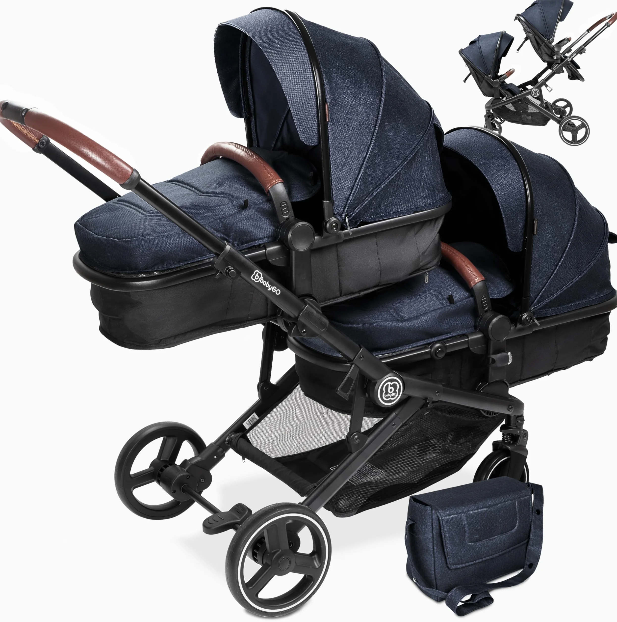 babyGO Passeggino gemellare 3 in 1 per gemelli, passeggino gemellare, per 2 bambini, con molti accessori, colore: grigio antracite melange-senza navicella