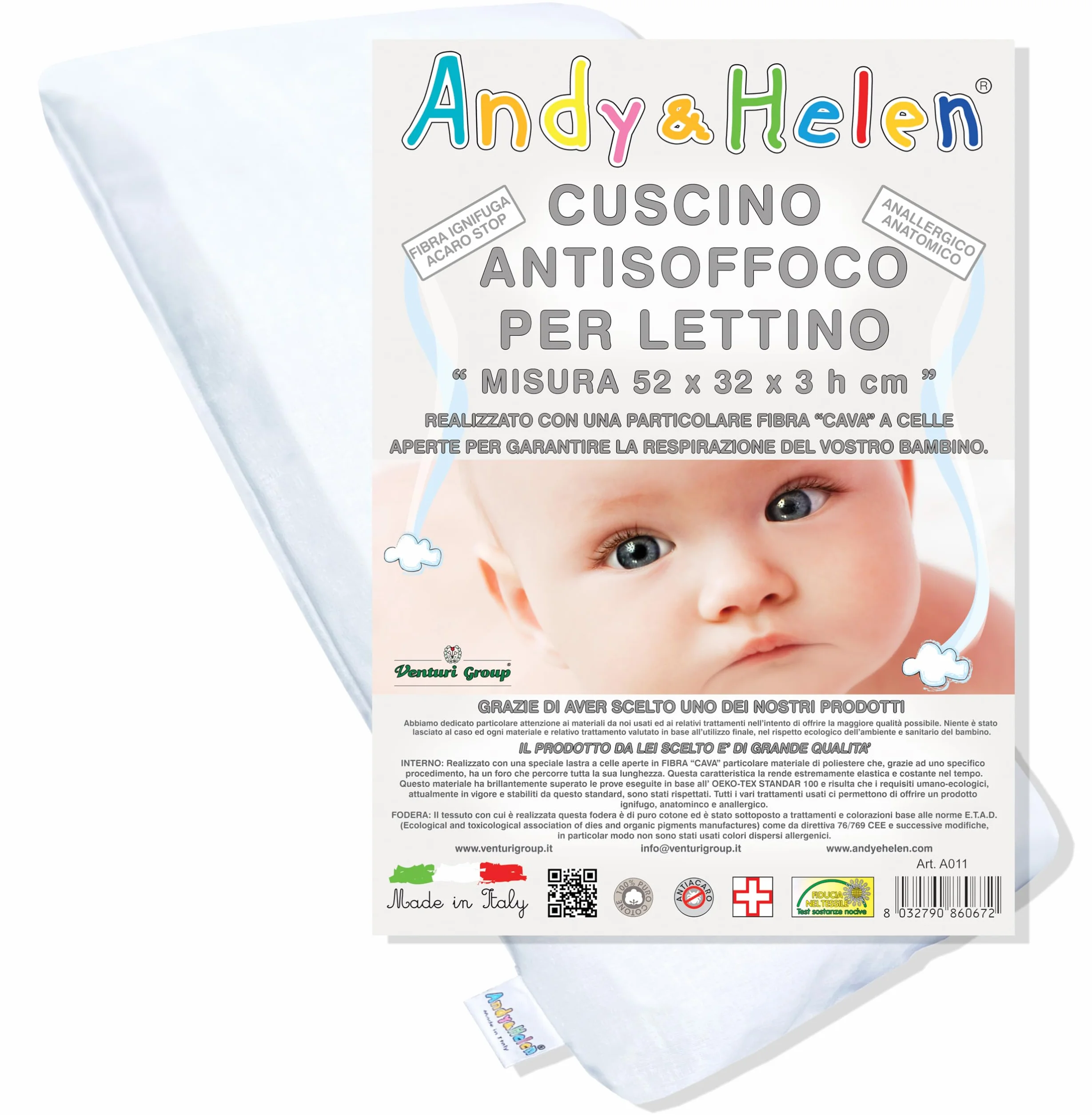Andy & Helen - Cuscino Lettino Bambino Antisoffco per lettino con sbarre con fodera in Cotone OEKO-TEX® - 52x32x3 cm
