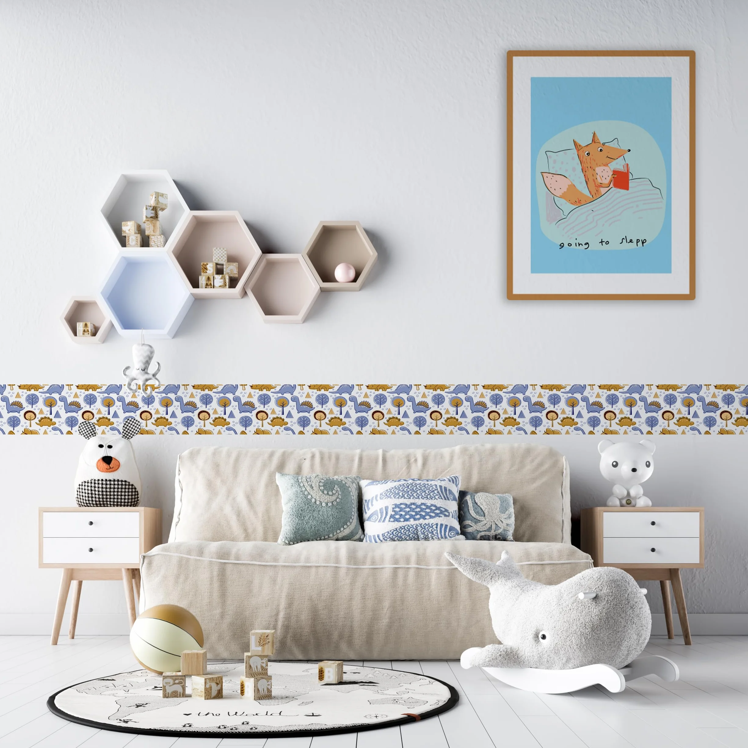 Bordo murale "Dinosauri" Greca decorativa per pareti cameretta bambini, adesivo riposizionabile e lavabile, facile applicazione e rimozione. Scopri la collezione