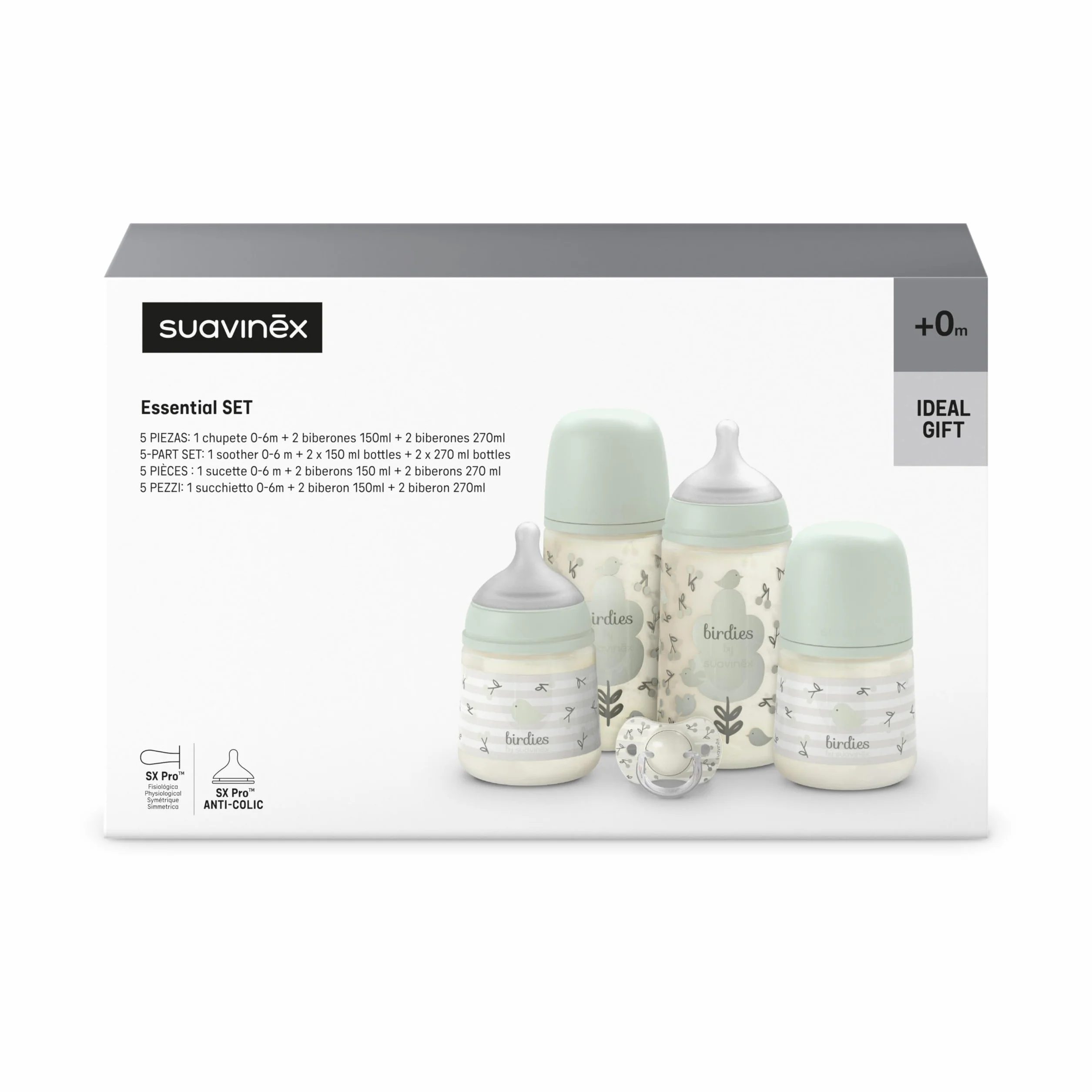 Suavinex, Set di Biberon per Neonati, Confezione Regalo: 2 Biberon da 270 ml + 2 Biberon da 150 ml + Ciuccio 0-6 Mesi, Tettarelle Fisiologiche SX Pro in Silicone, 5 Pz, +0M, Birdies Verde