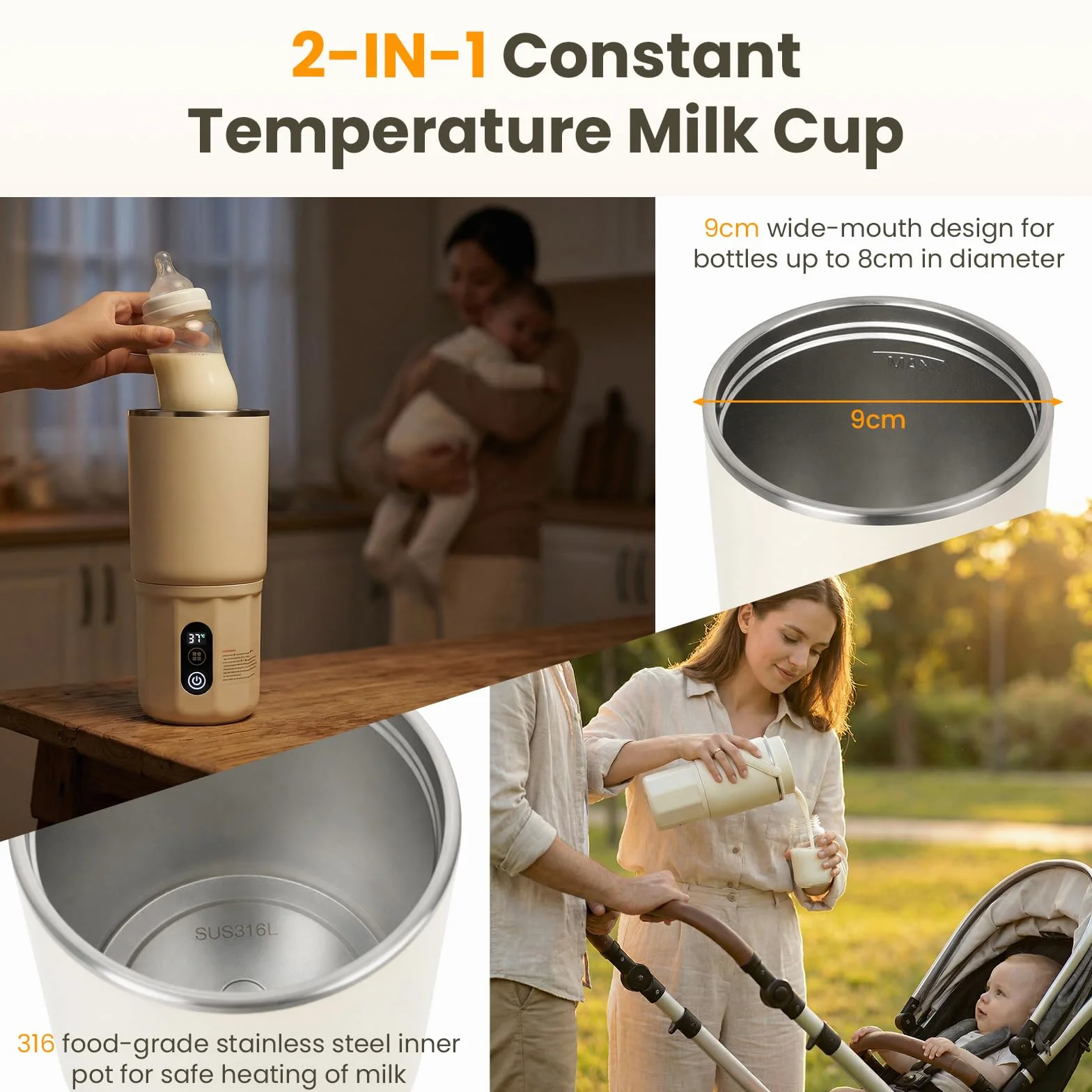 Scaldabiberon portatile - Scaldabiberon 2 in 1: riscaldamento rapido di latte materno e acqua, pastorizzazione, blocco di sicurezza per bambini, temperatura costante 24 ore su 24 per tutta (Beige)