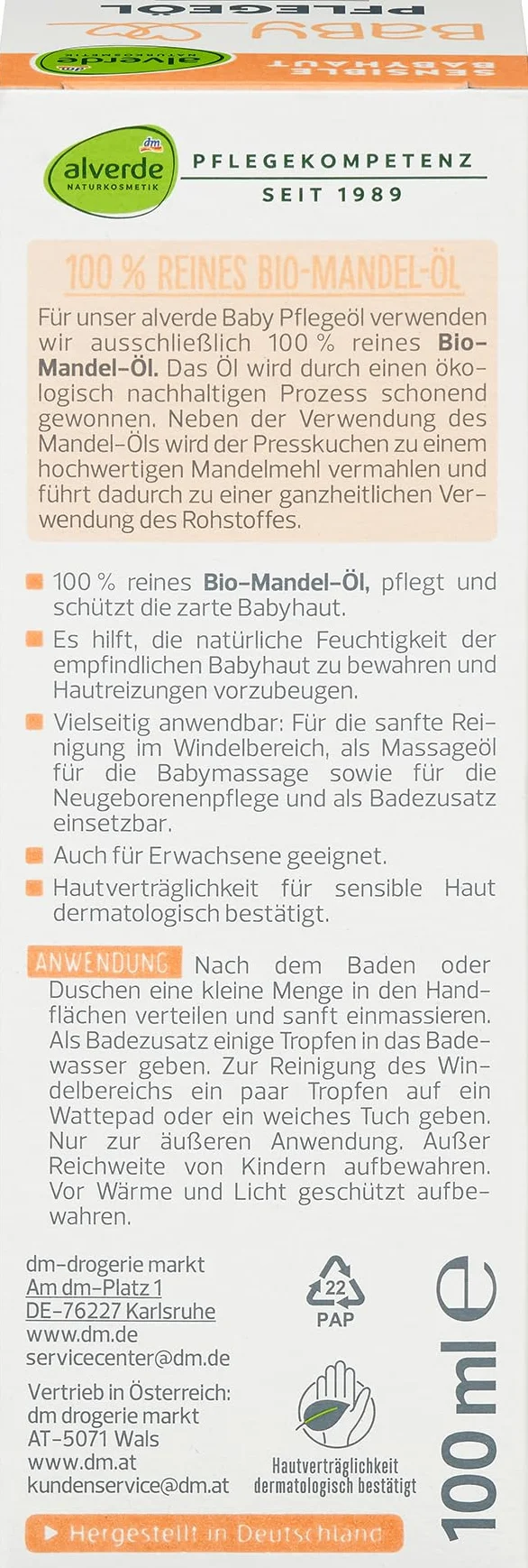 alverde Baby - Olio di mandorle biologico puro al 100%, 100 ml