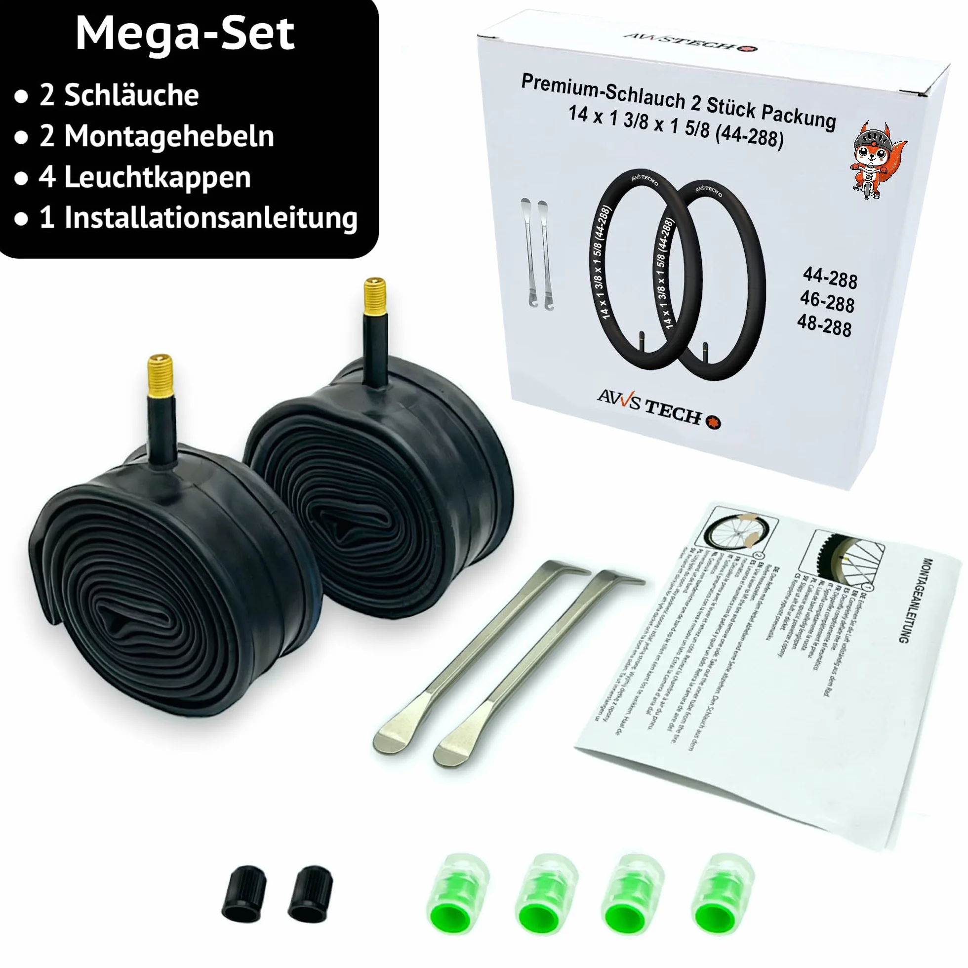 14 x 1 3/8 x 1 5/8 (44-288) camera passeggino 14" con valvola dritta e leve di montaggio | Confezione 2 pz | Compatibile con ruote monopattino, passeggino, triciclo, bici senza pedali e rimorchio