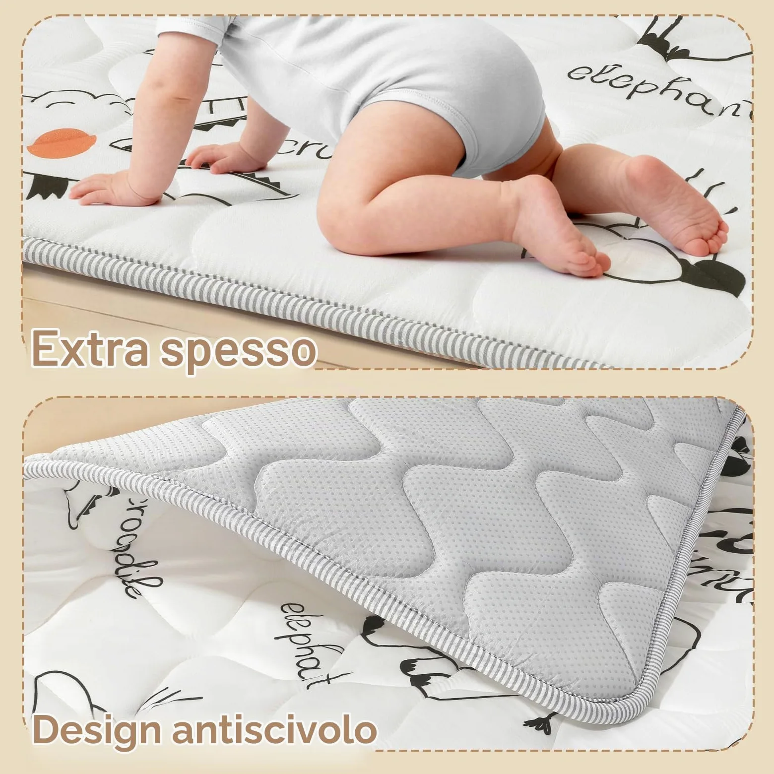 Tappetino per Giochi Bambino 127 * 127cm, Tappeto Attività Morbido con Imbottitura Spessa per Tempo a Pancia in Giù, Base Antiscivolo Sicura per Gattonamento, Animali linea