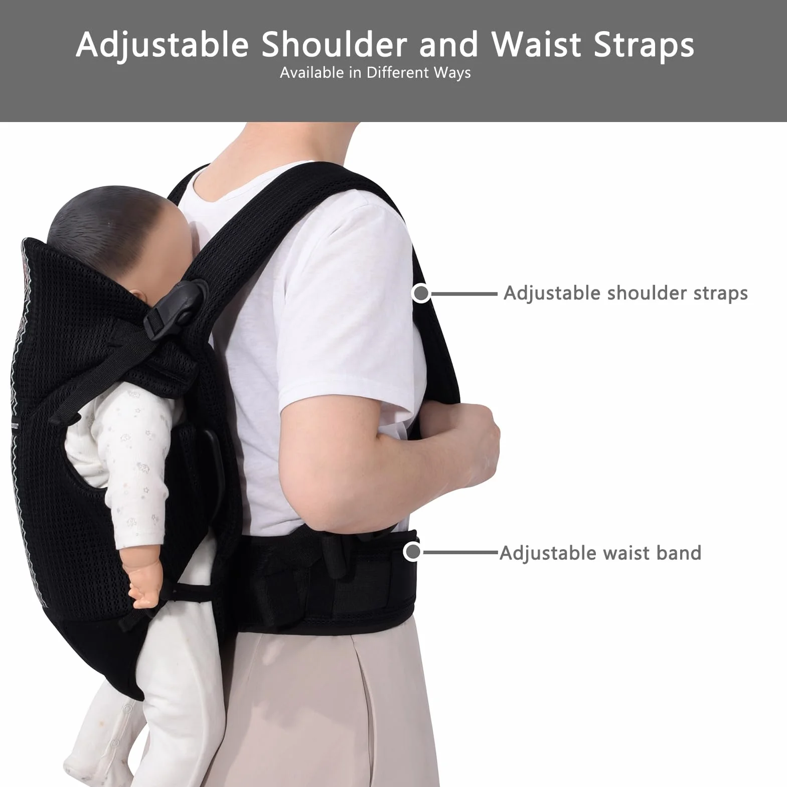 Bebamour baby-carrier, anteriore e posteriore, con 2 bib della spalla,Black Pro