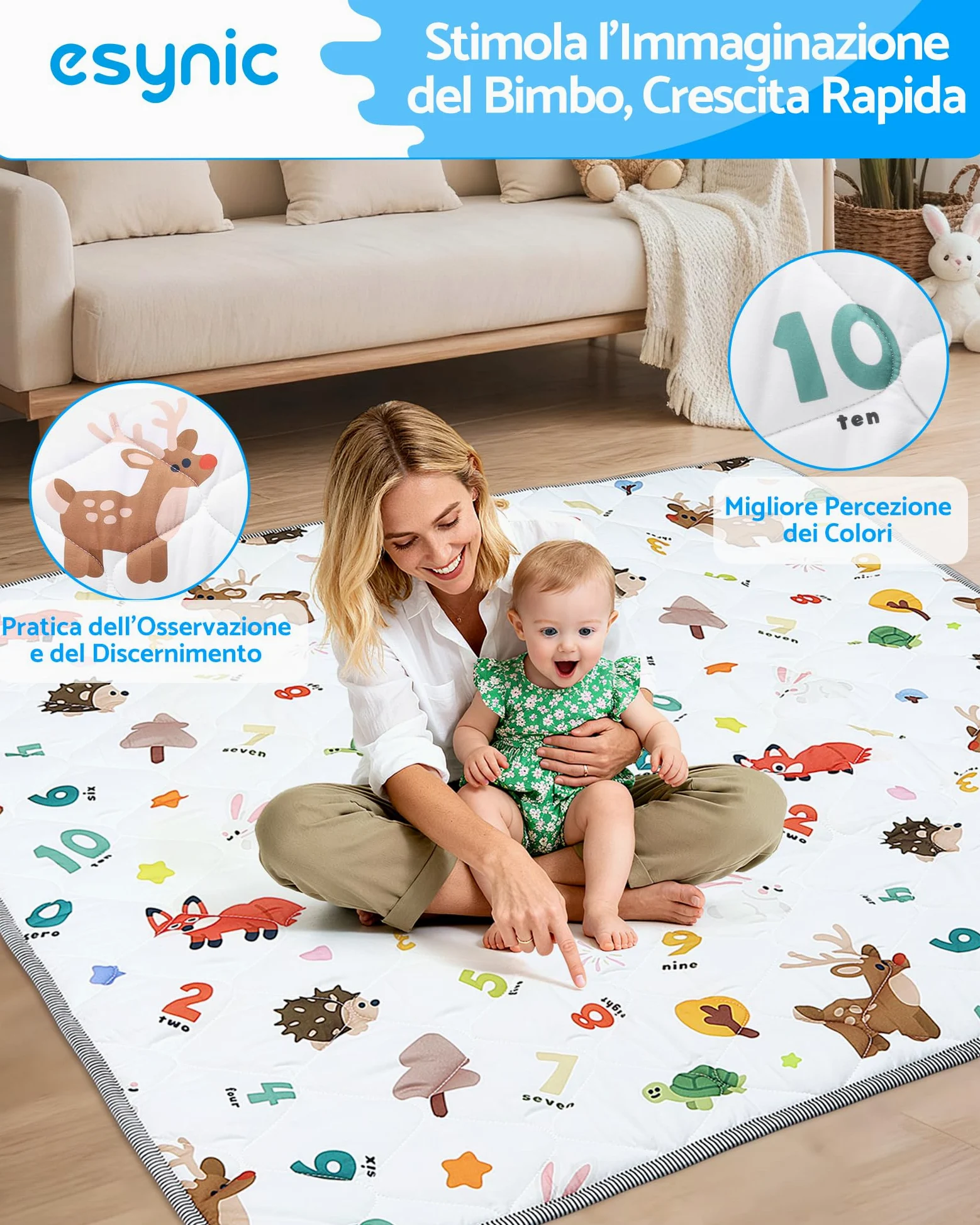 eSynic Tappetino da Gioco Pieghevole per Bambini 150x150cm, Antiscivolo a 4 Strati ed Educativo con Design Animali e Numeri, Tappeto Neonato per Gattonamento, Picnic e Recinti, Lavabile in Lavatrice