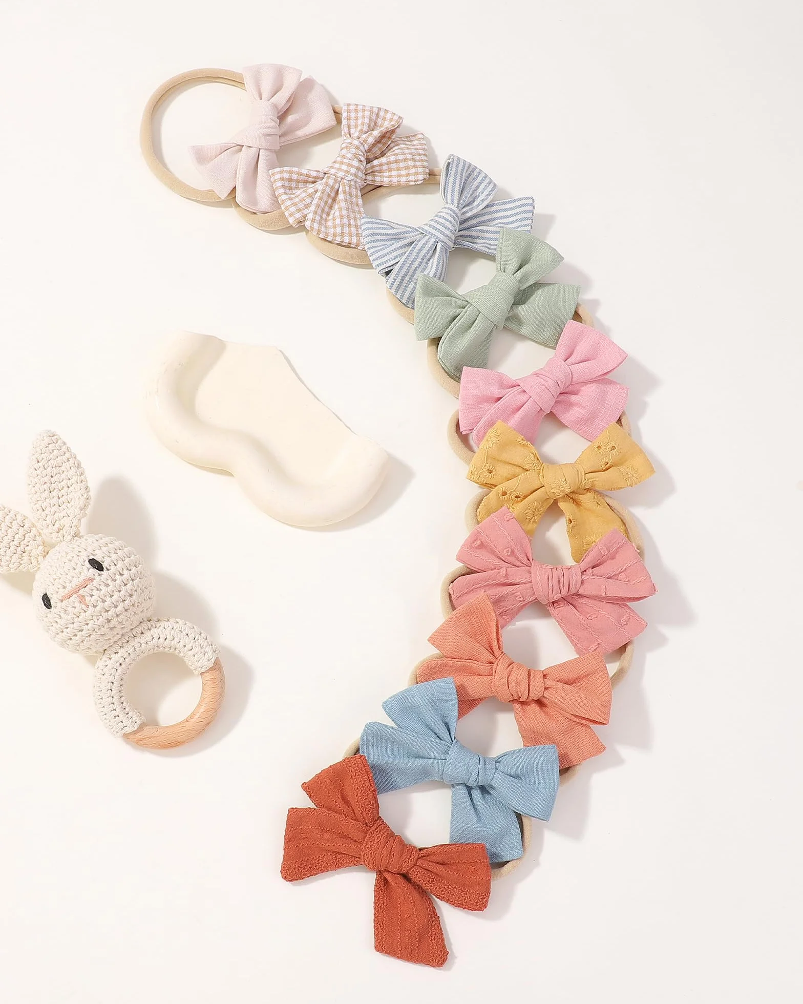 10PZ Fascia Capelli Neonata Fiocchi di Nylon Cotone Lino Hairbands Handmade Accessori per Capelli Bambina e Bambini 3.5Inches