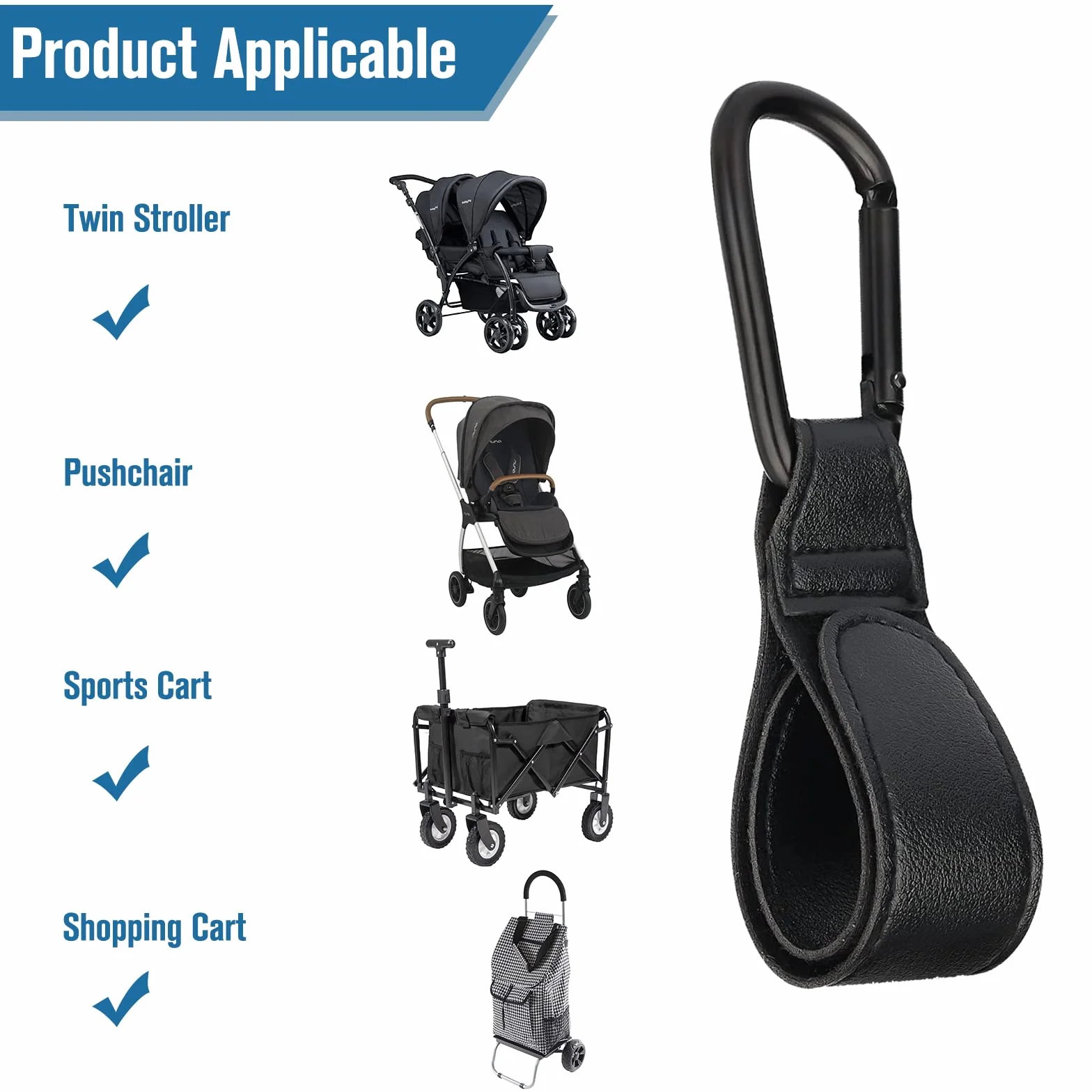 Clip per passeggino, 2 clip per passeggino, gancio per passeggino, in pelle, gancio per passeggino, clip per passeggino, gancio per passeggino (nero)