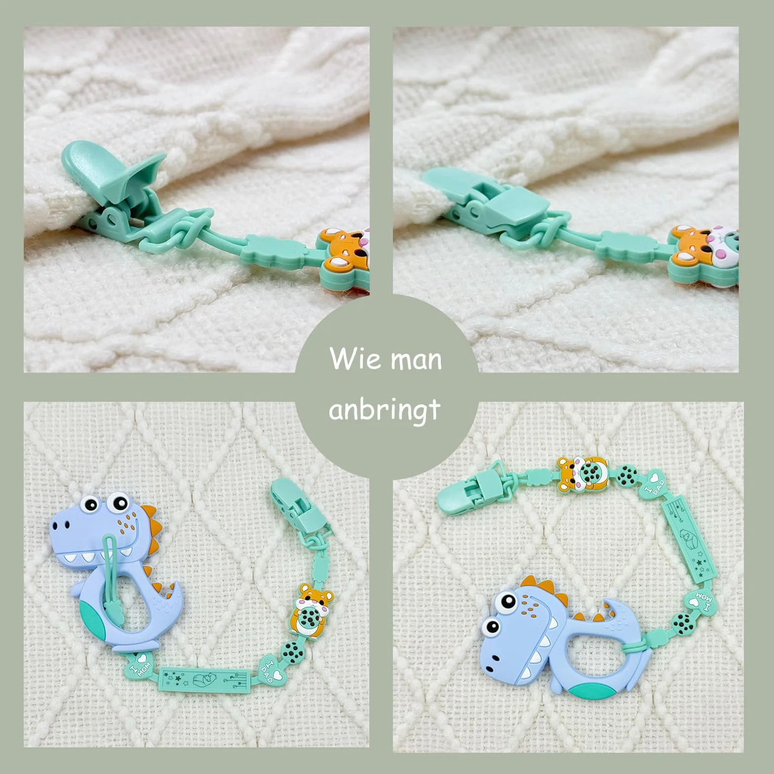 Catenella portaciuccio in silicone, 2 in 1 e design monoblocco, per neonati e ragazzi, senza BPA, confezione da 3 pezzi