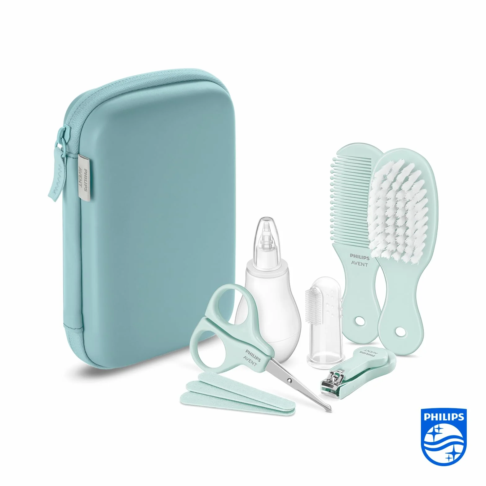 Philips Avent - Set per la cura del bambino, con 3 lime, pettine, spazzola per capelli, aspiratore nasale e spazzolino da denti (modello SCH401/00)