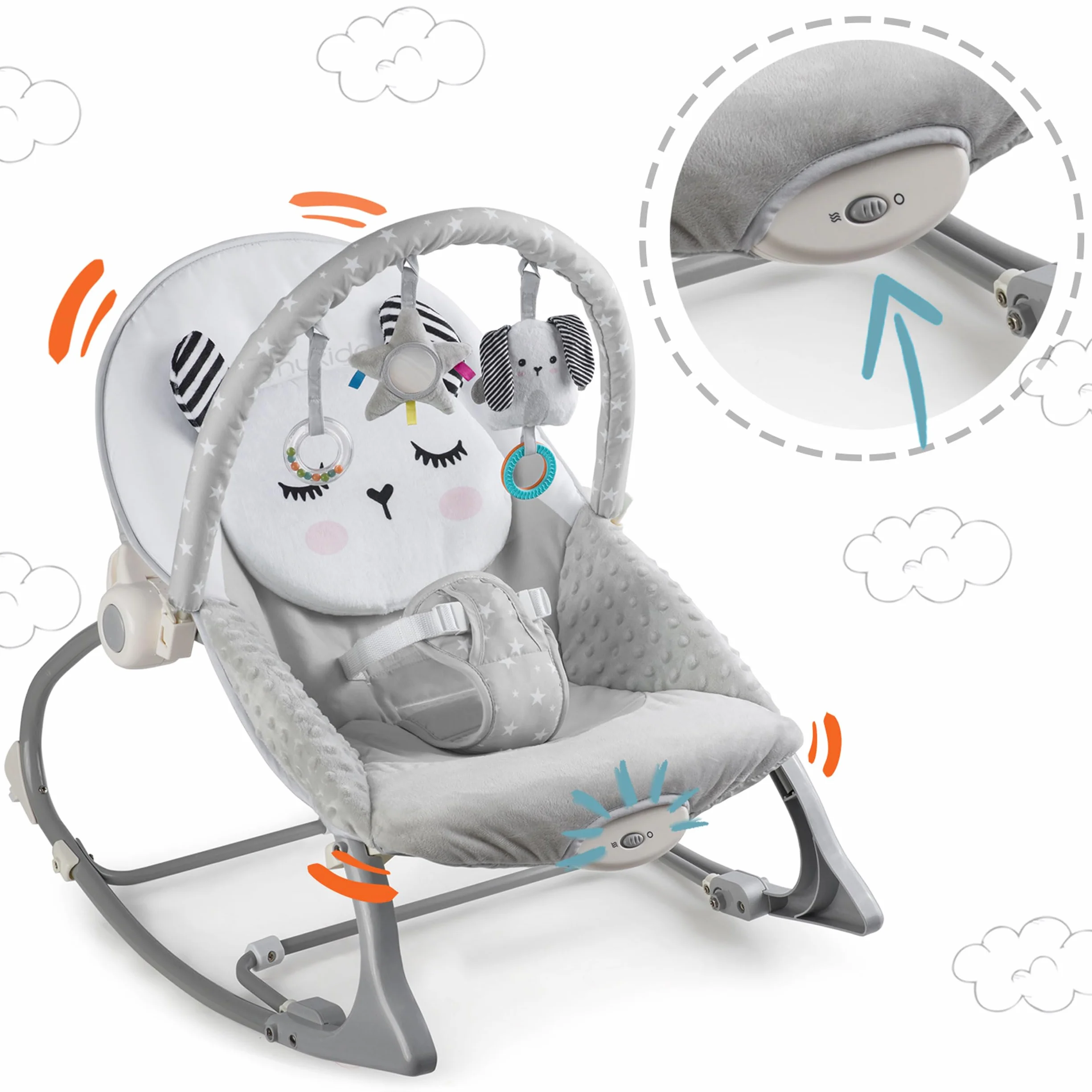 Nukido Sdraietta Neonati - Dondolino con Vibrazione e Giochi - Piedini Antiscivolo - fino a 18 kg Grigio