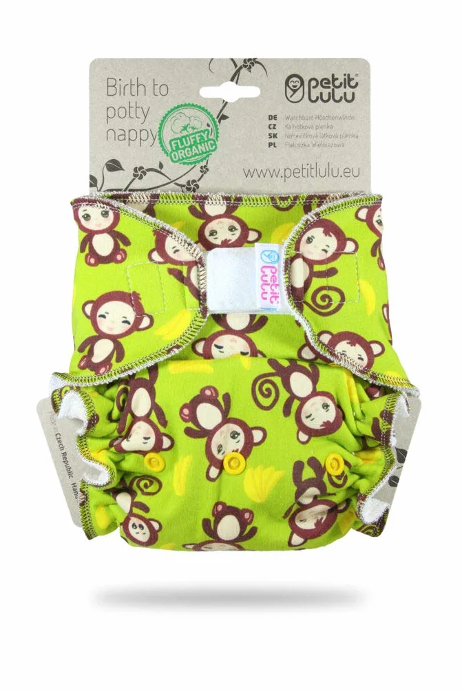 Petit Lulu Pannolino Mutandina Bambù Fitted Taglia Unica | Hook & Loop | Fluffy Organic | Pannolini di stoffa | Pannolini lavabili (Monkey Business)